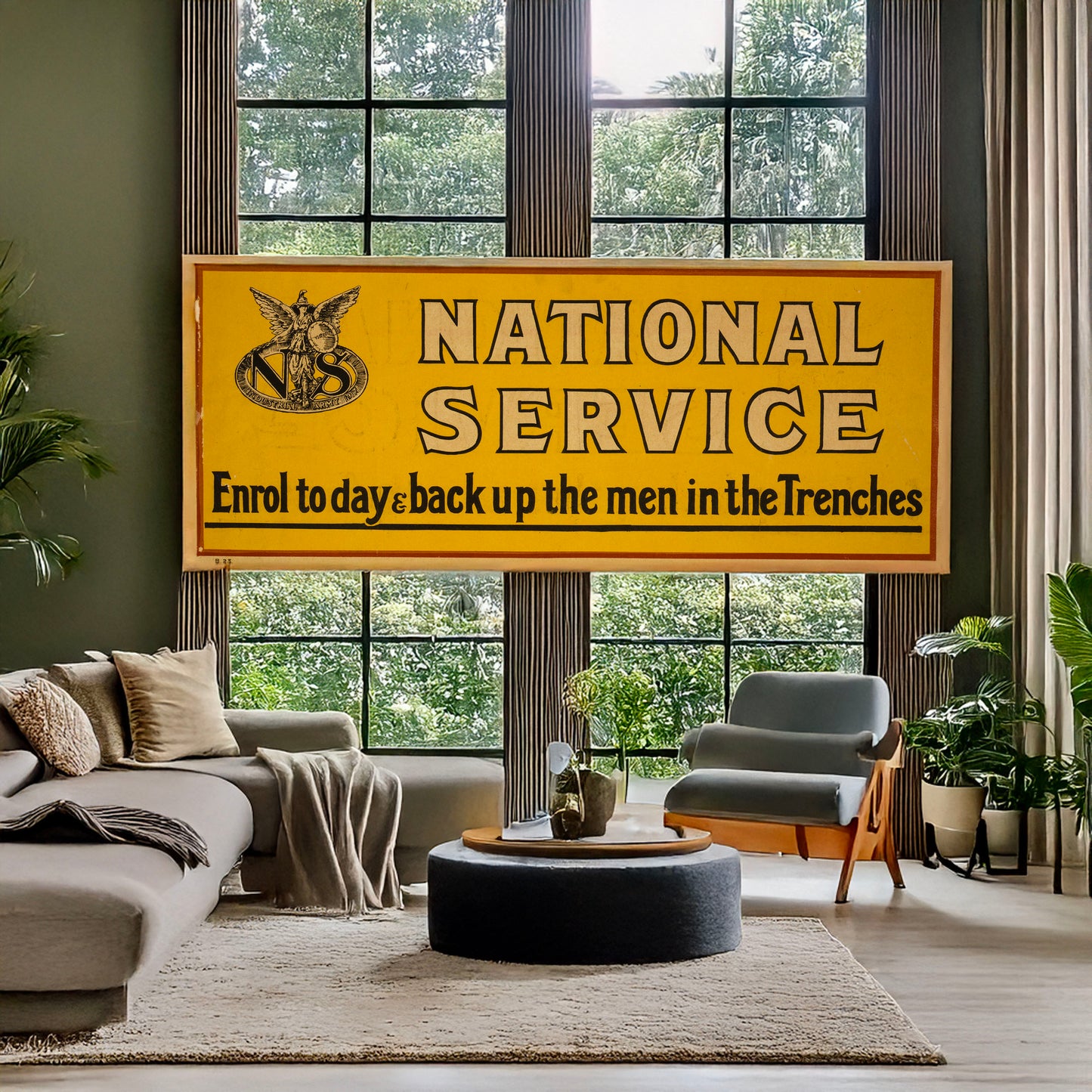 A picture of National service. Enrol today & back up the men in the trenches, a mockup of the print leaning against a wall