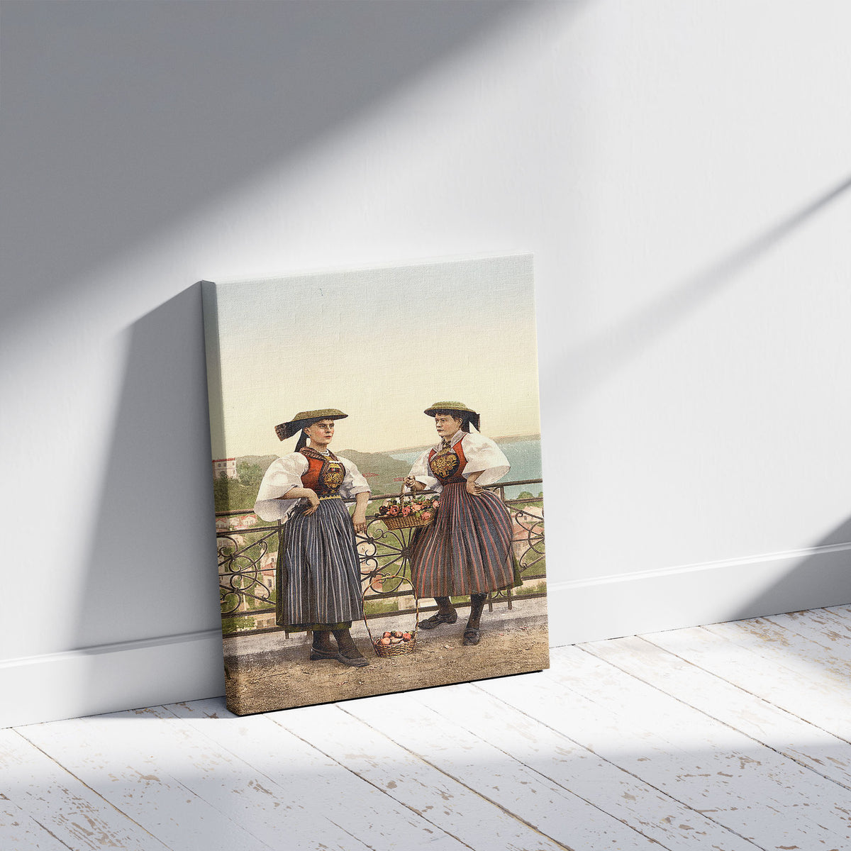 A picture of National Vierlander costume, Hamburg, Germany, a mockup of the print leaning against a wall