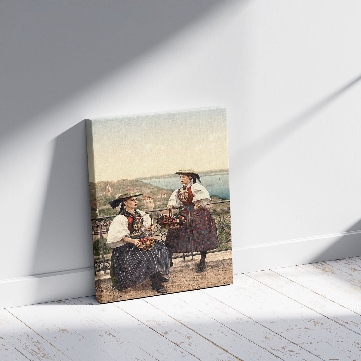 A picture of National Vierlander costume, Hamburg, Germany, a mockup of the print leaning against a wall
