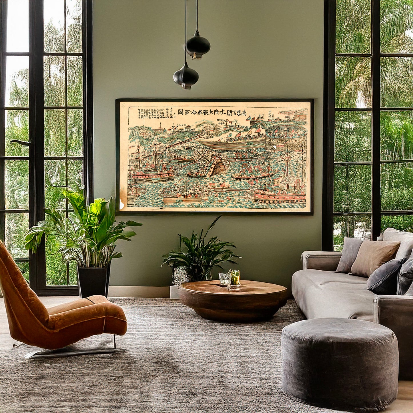 A picture of Naval battle scene - ships and small boats engaged in battle in a bay near a fort, a mockup of the print leaning against a wall