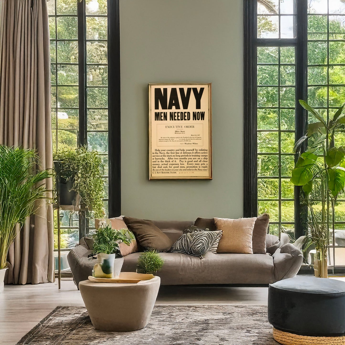 A picture of Navy men needed now, a mockup of the print leaning against a wall