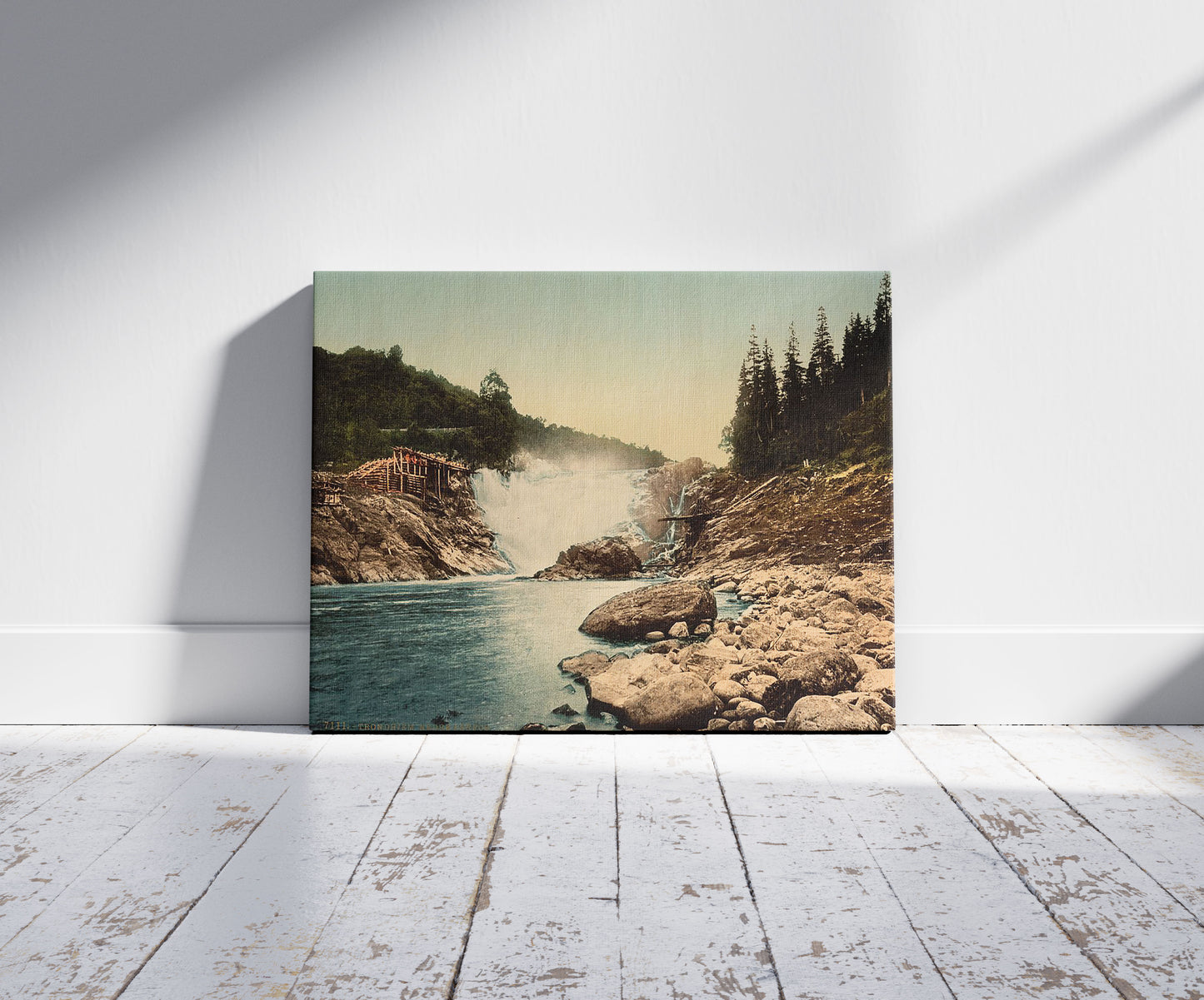 A picture of Nedre Leirfoss, Trondheim, Norway, a mockup of the print leaning against a wall