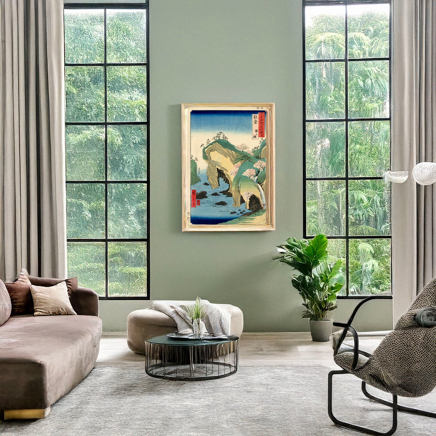 A picture of Noto, taki no ura, a mockup of the print leaning against a wall