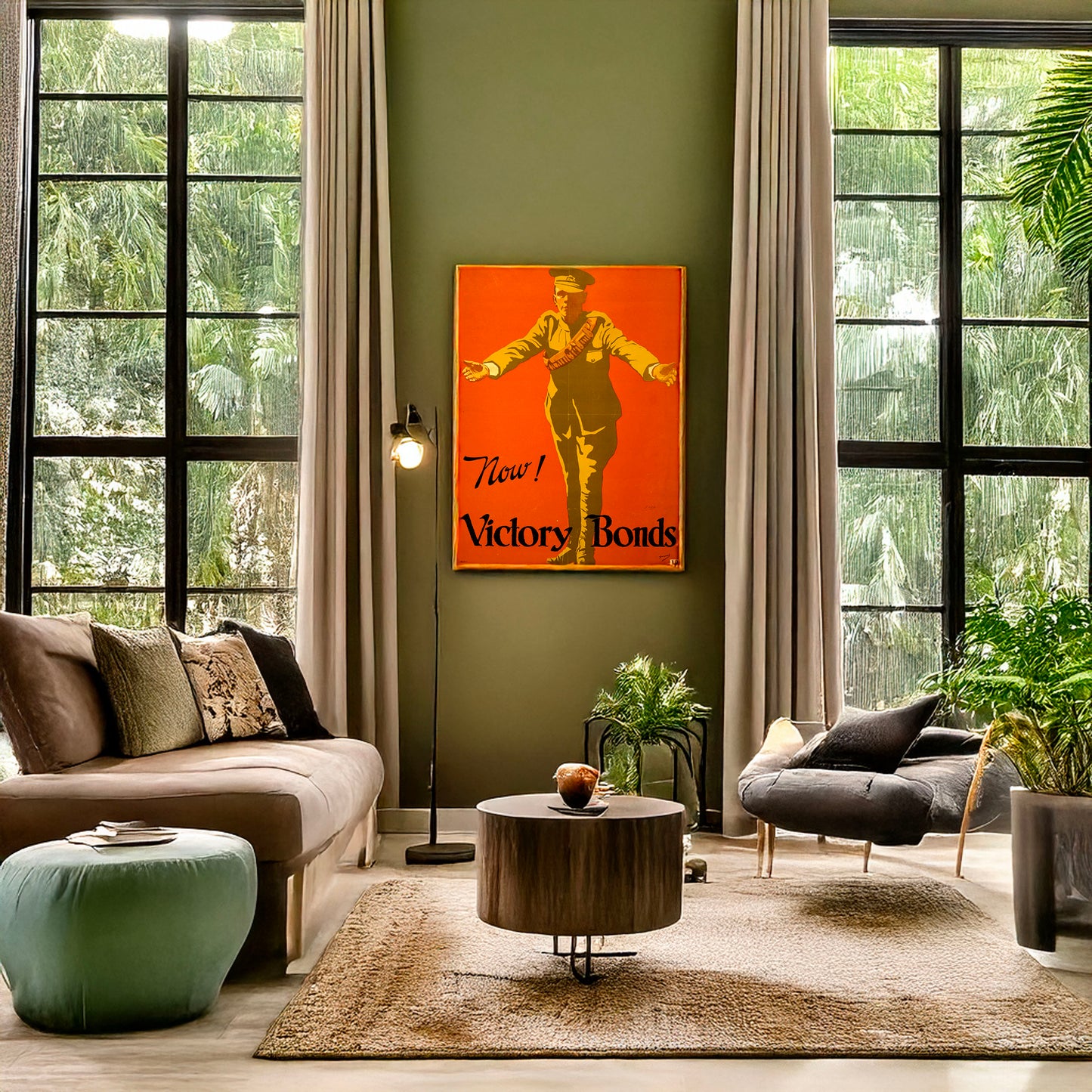 A picture of Now! Victory Bonds, a mockup of the print leaning against a wall