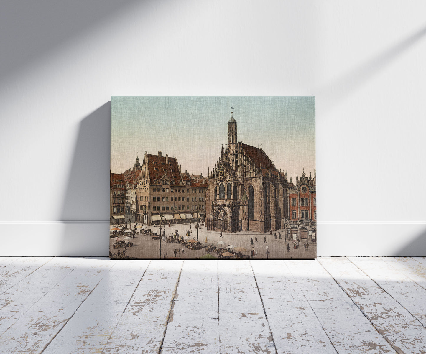 A picture of Nürnberg. Marktplatz, a mockup of the print leaning against a wall