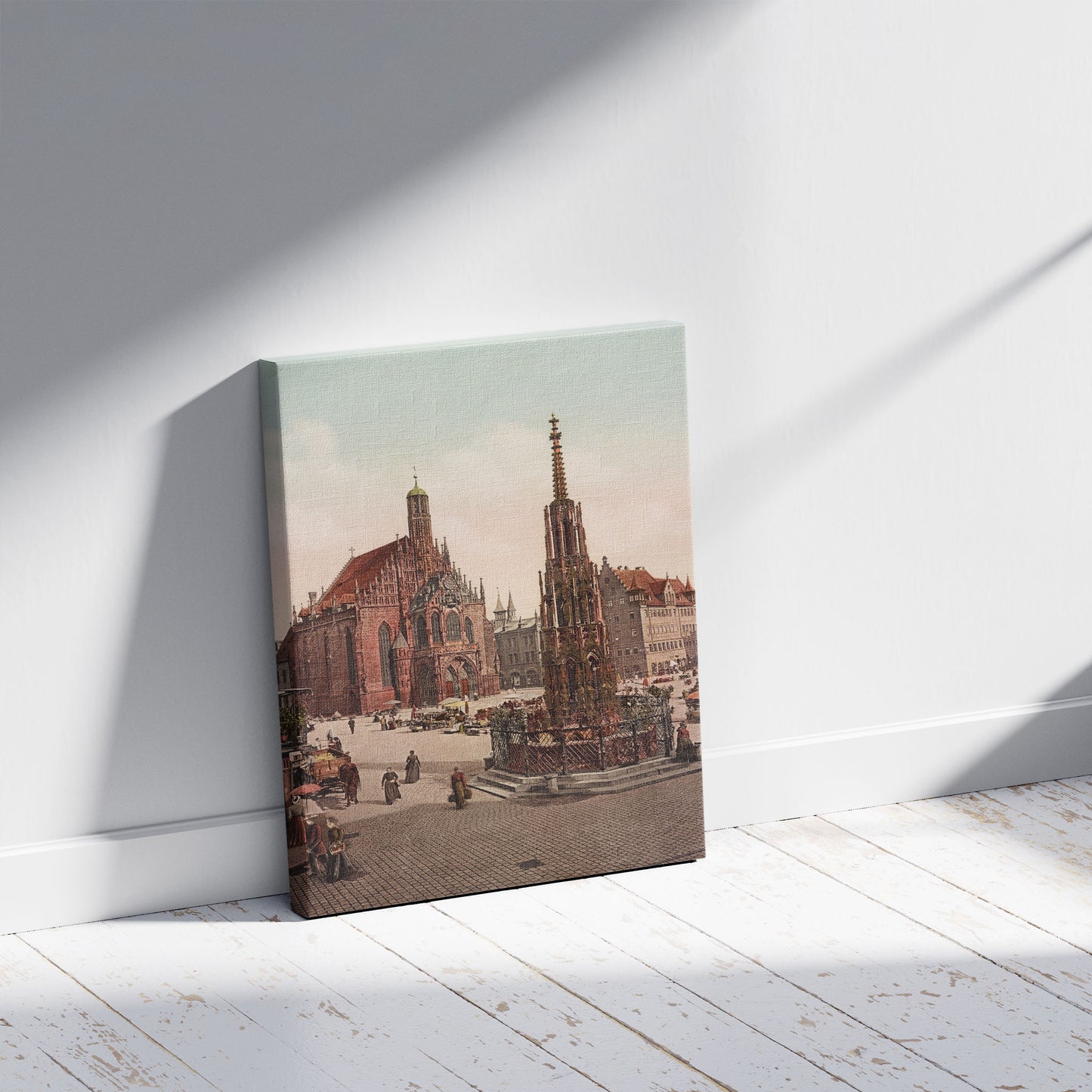 A picture of Nürnberg. Schöner Brunnen mit Frauenkirche, a mockup of the print leaning against a wall