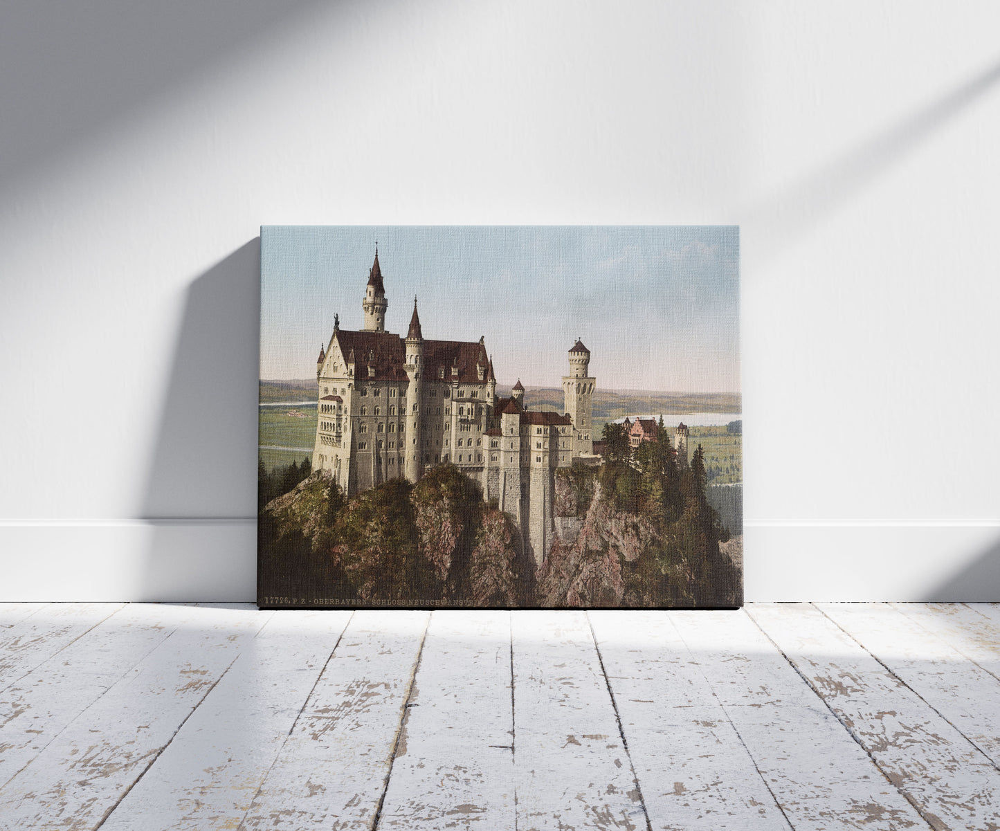 A picture of Oberbayern. Schloss Neuschwanstein, a mockup of the print leaning against a wall
