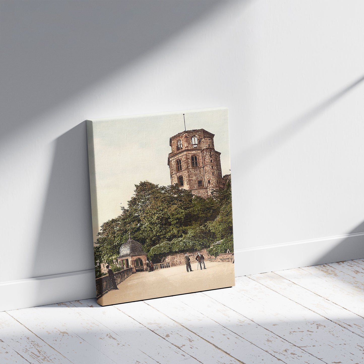 A picture of Octagonal Tower and Terrace, Heidelberg, Baden, Germany, a mockup of the print leaning against a wall