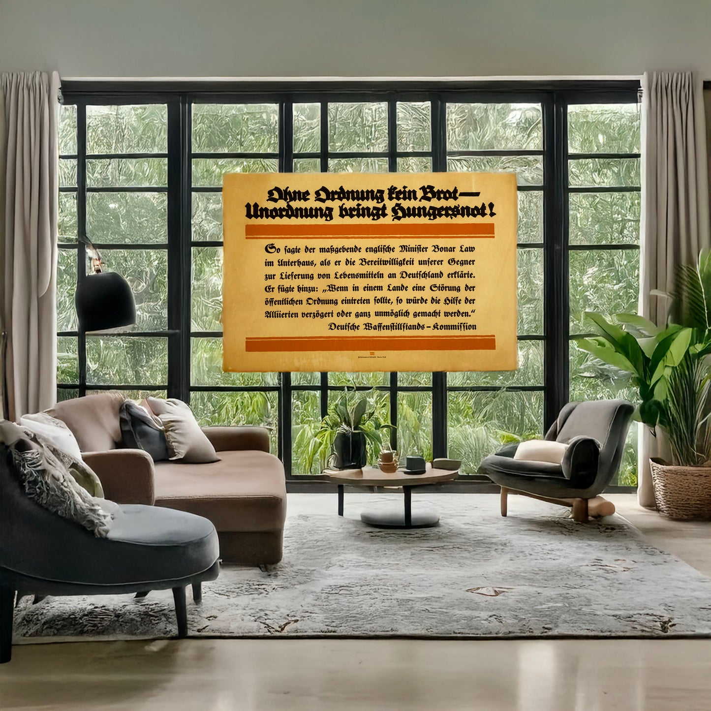 A picture of Ohne Ordnung kein Brot -- unordnung bringt Hungersnot!, a mockup of the print leaning against a wall