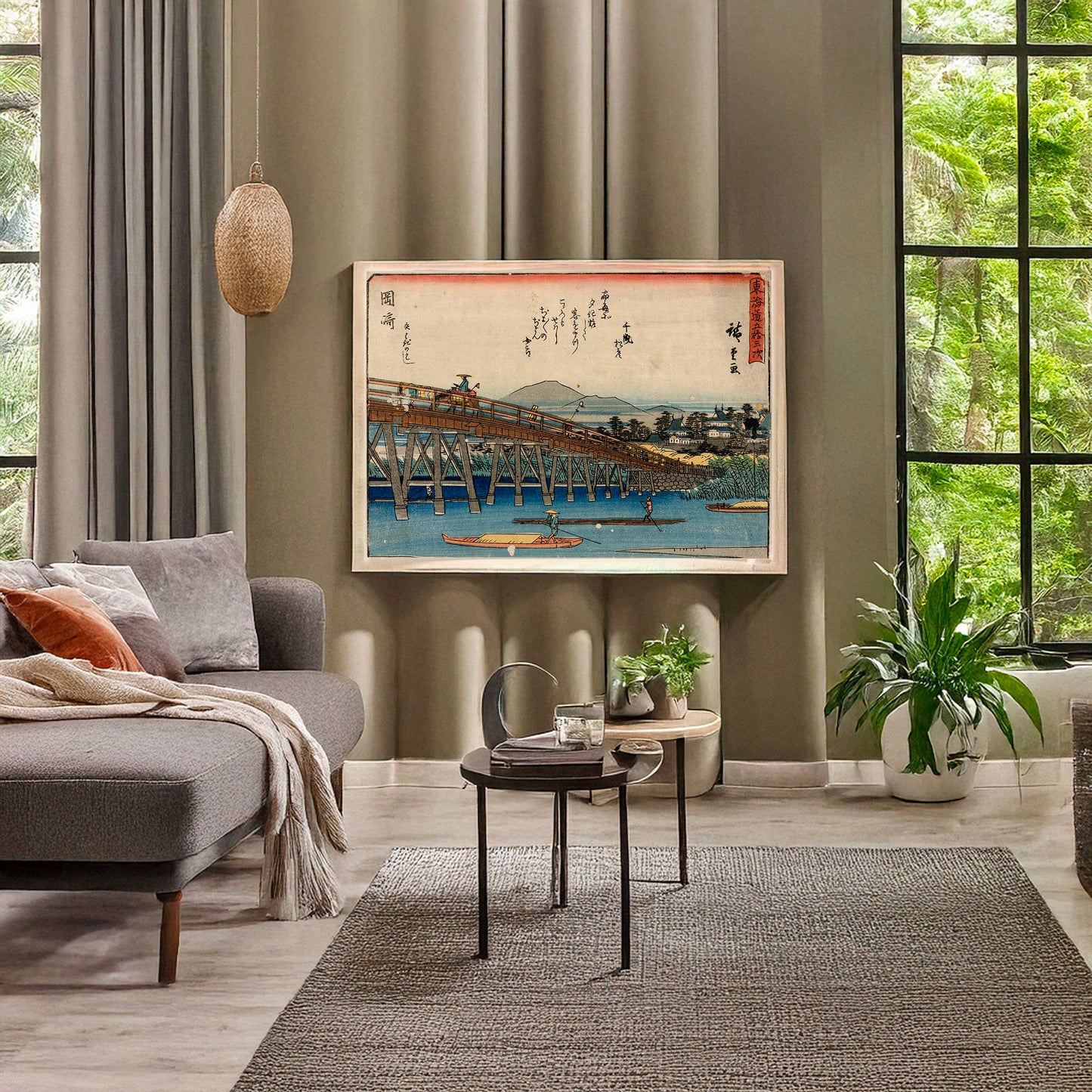 A picture of Okazaki, a mockup of the print leaning against a wall