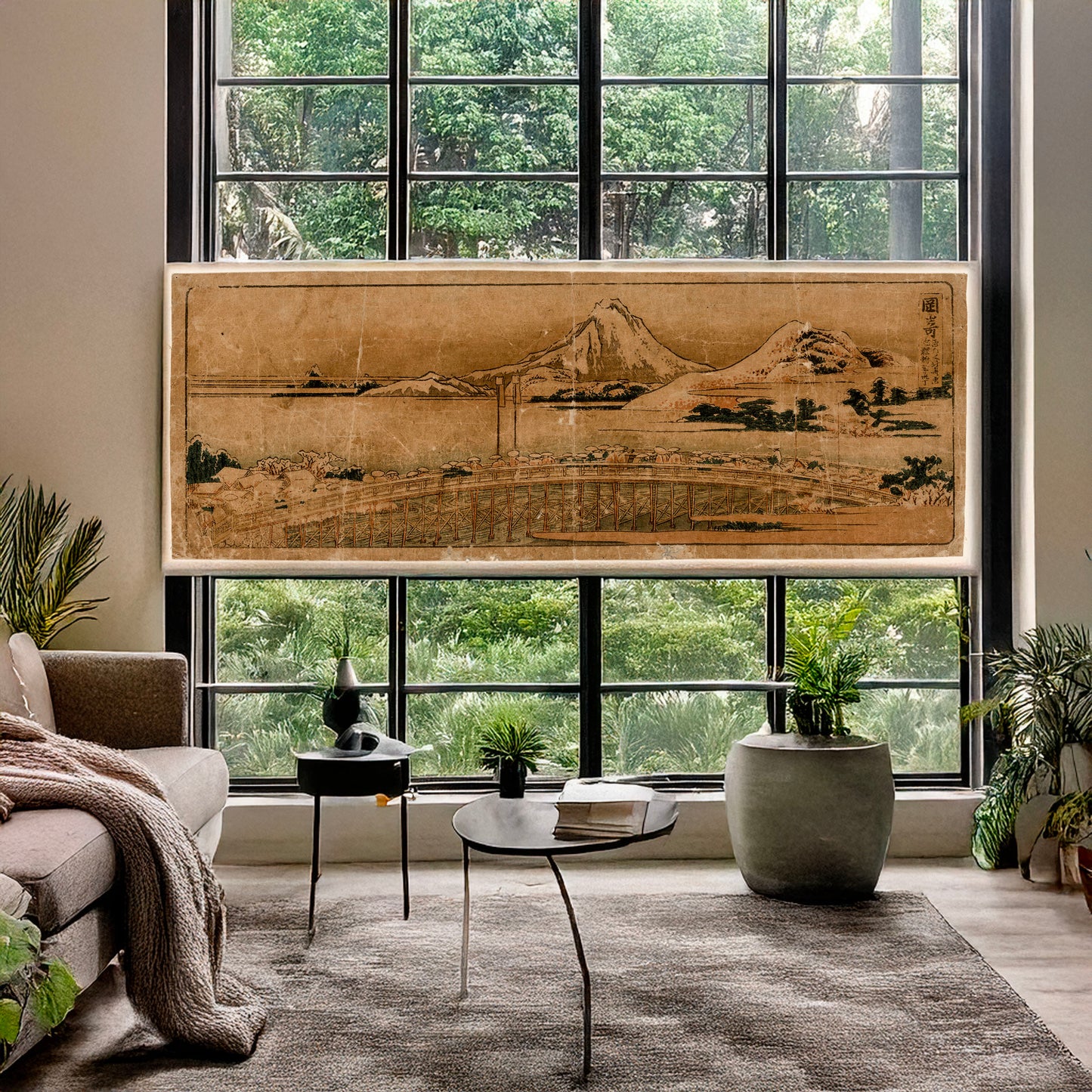 A picture of Okazaki, a mockup of the print leaning against a wall