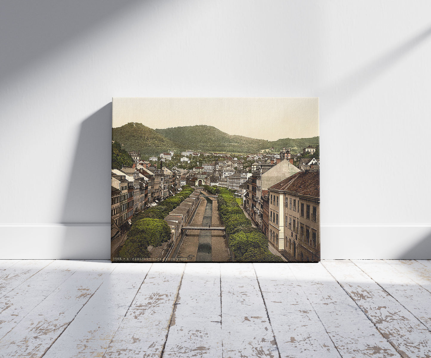 A picture of Old and new roads, Carlsbad, Bohemia, Austro-Hungary, a mockup of the print leaning against a wall