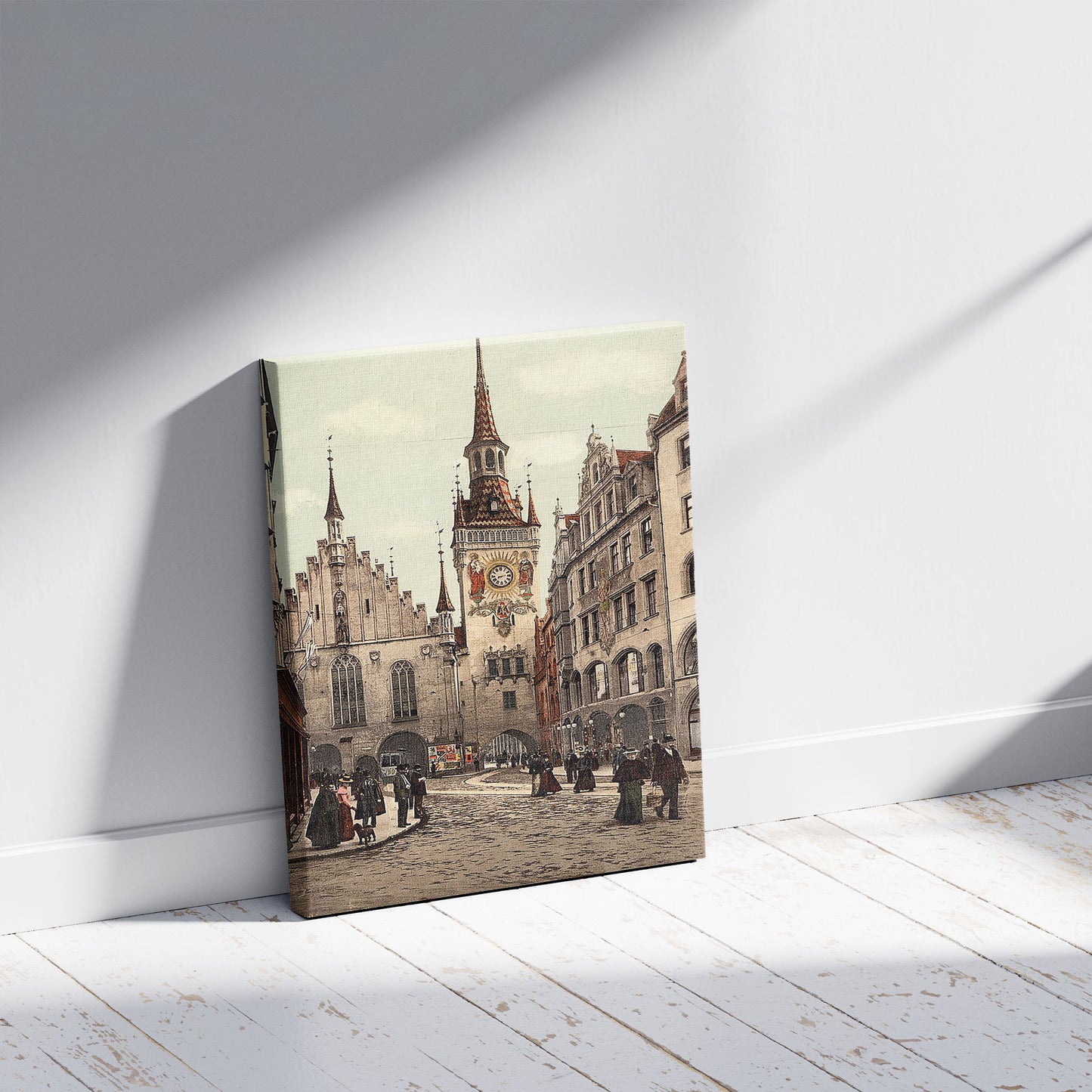 A picture of Old Town Hall, Munich, Bavaria, Germany, a mockup of the print leaning against a wall