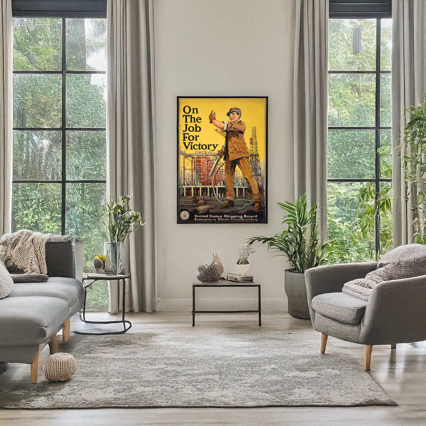 A picture of On the job for victory, a mockup of the print leaning against a wall