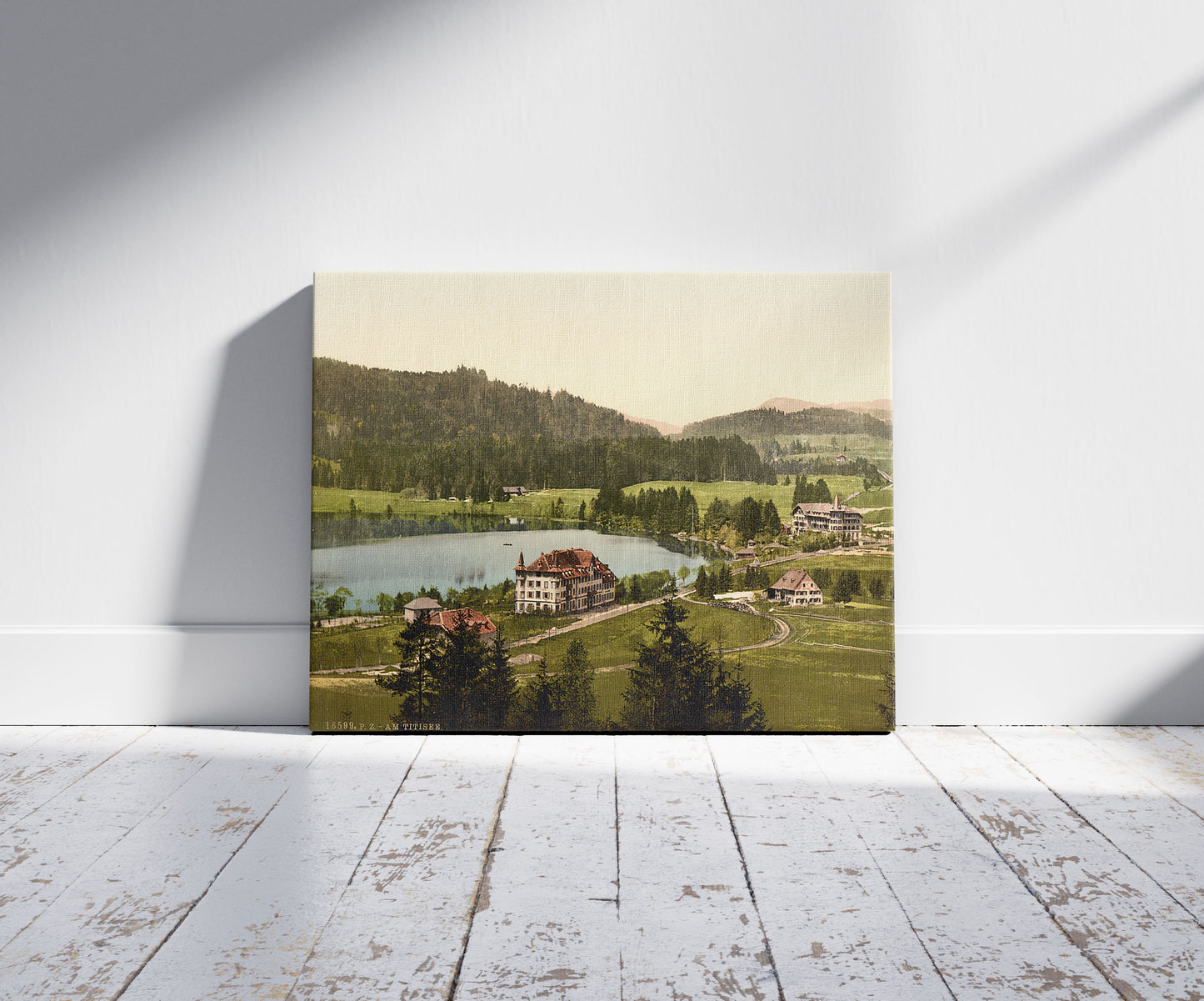 A picture of On the lake, Titisee, Black Forest, Baden, Germany, a mockup of the print leaning against a wall