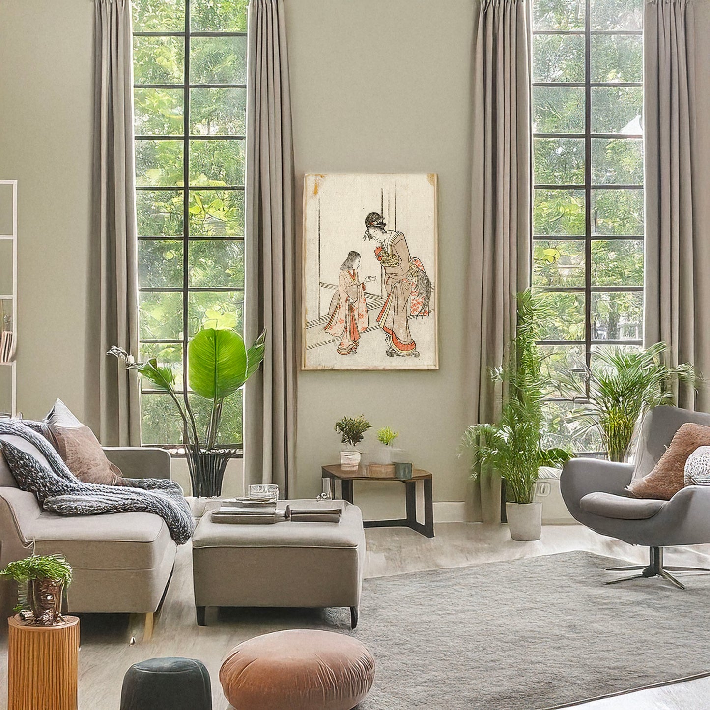 A picture of Onagadori o motsu onna to kamuro, a mockup of the print leaning against a wall
