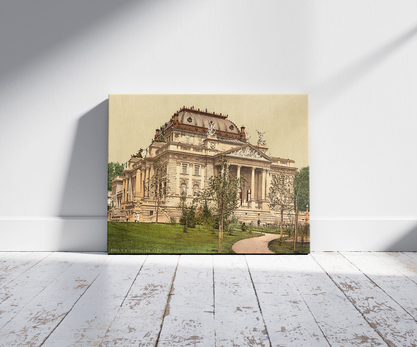 A picture of Opera house, Wiesbaden, Hesse-Nassau, Germany, a mockup of the print leaning against a wall