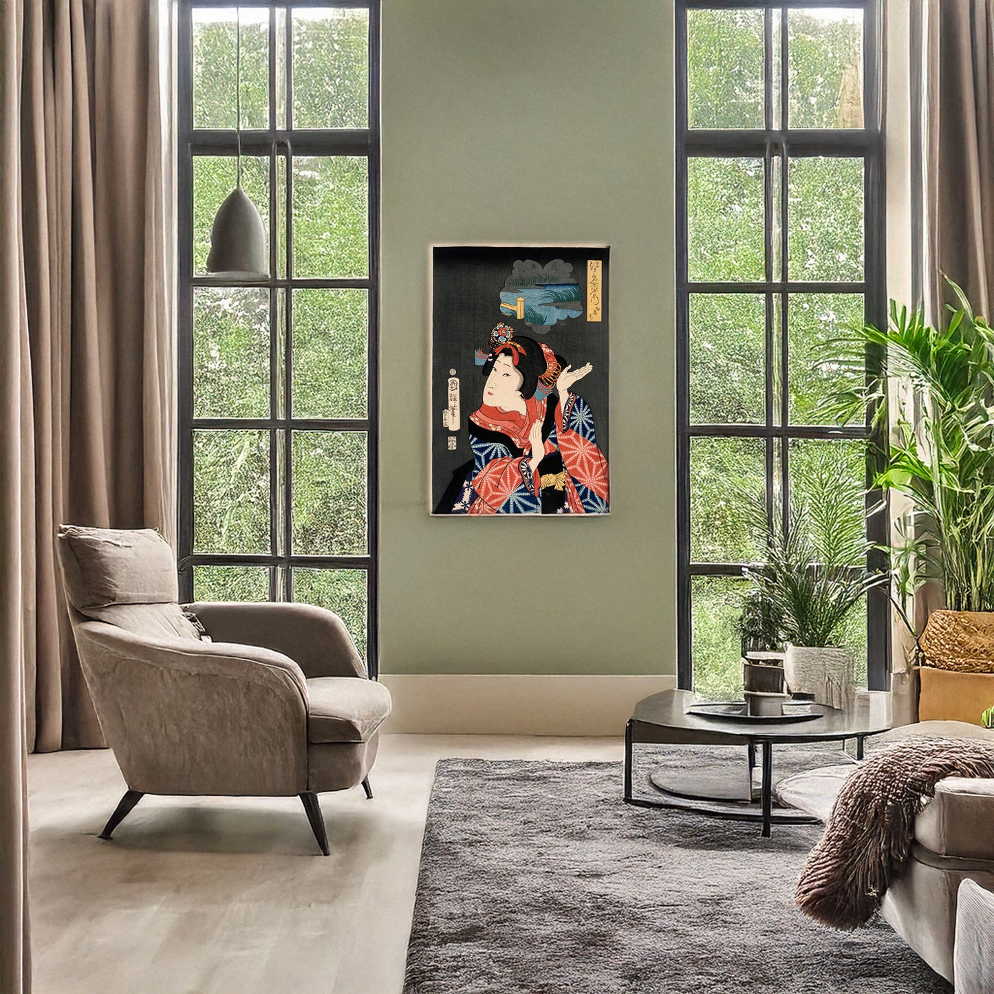 A picture of Oshichi, a mockup of the print leaning against a wall