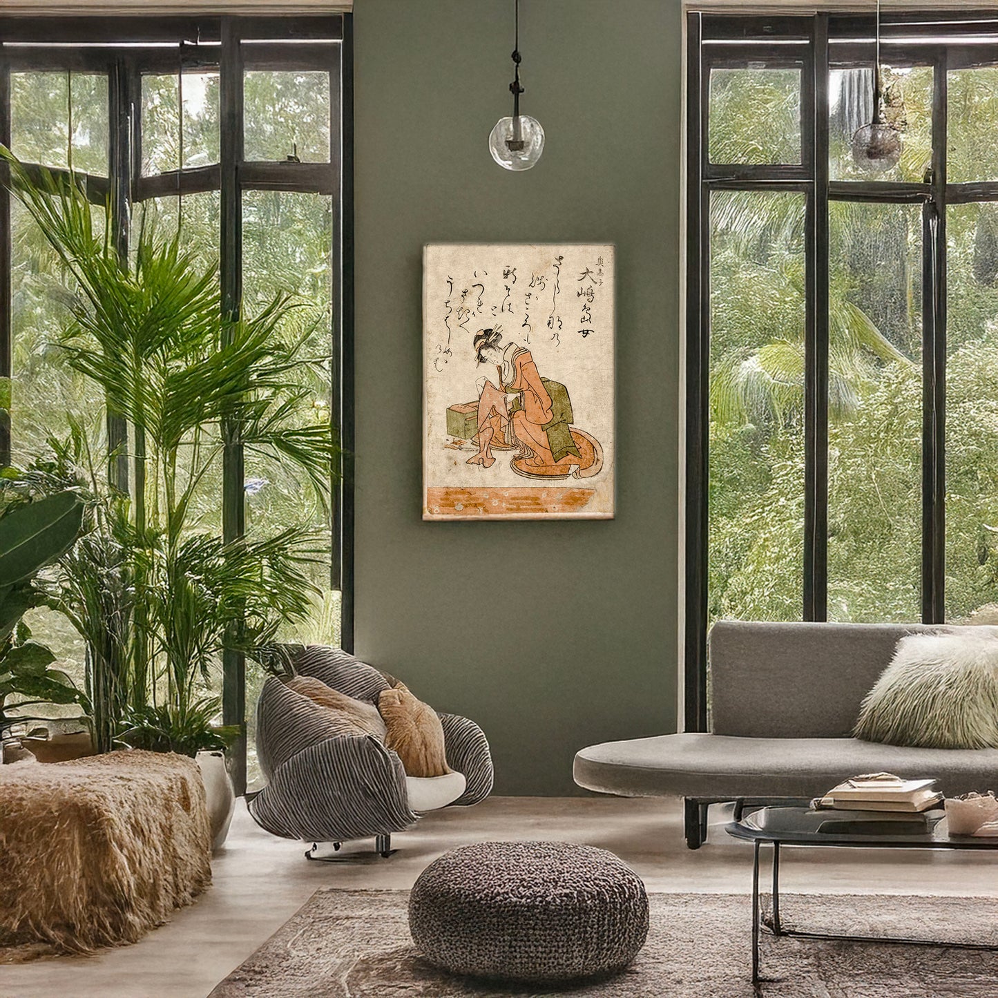 A picture of Ōshima shimajo, a mockup of the print leaning against a wall