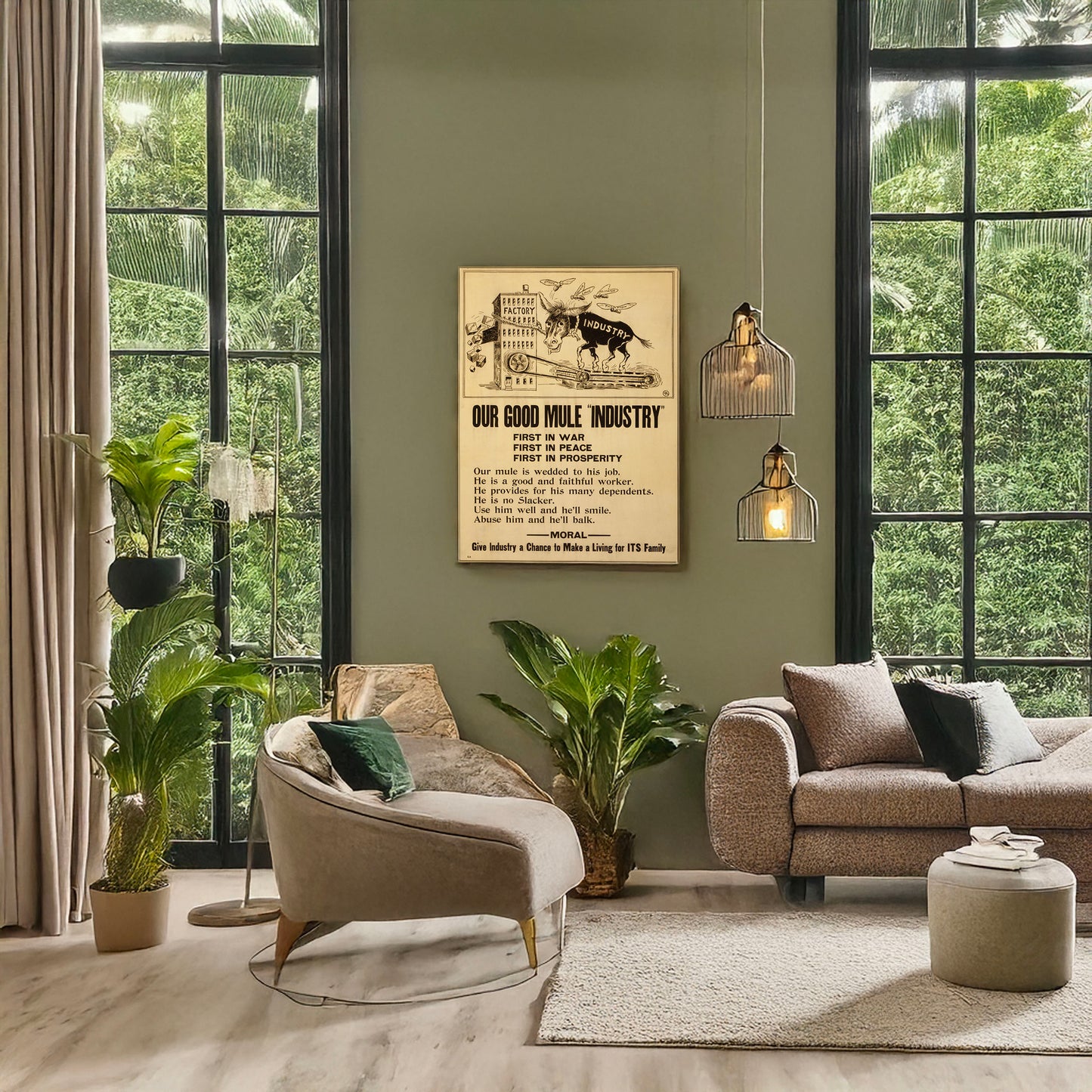 A picture of Our good mule "Industry" First in war--First in peace--First in prosperity., a mockup of the print leaning against a wall