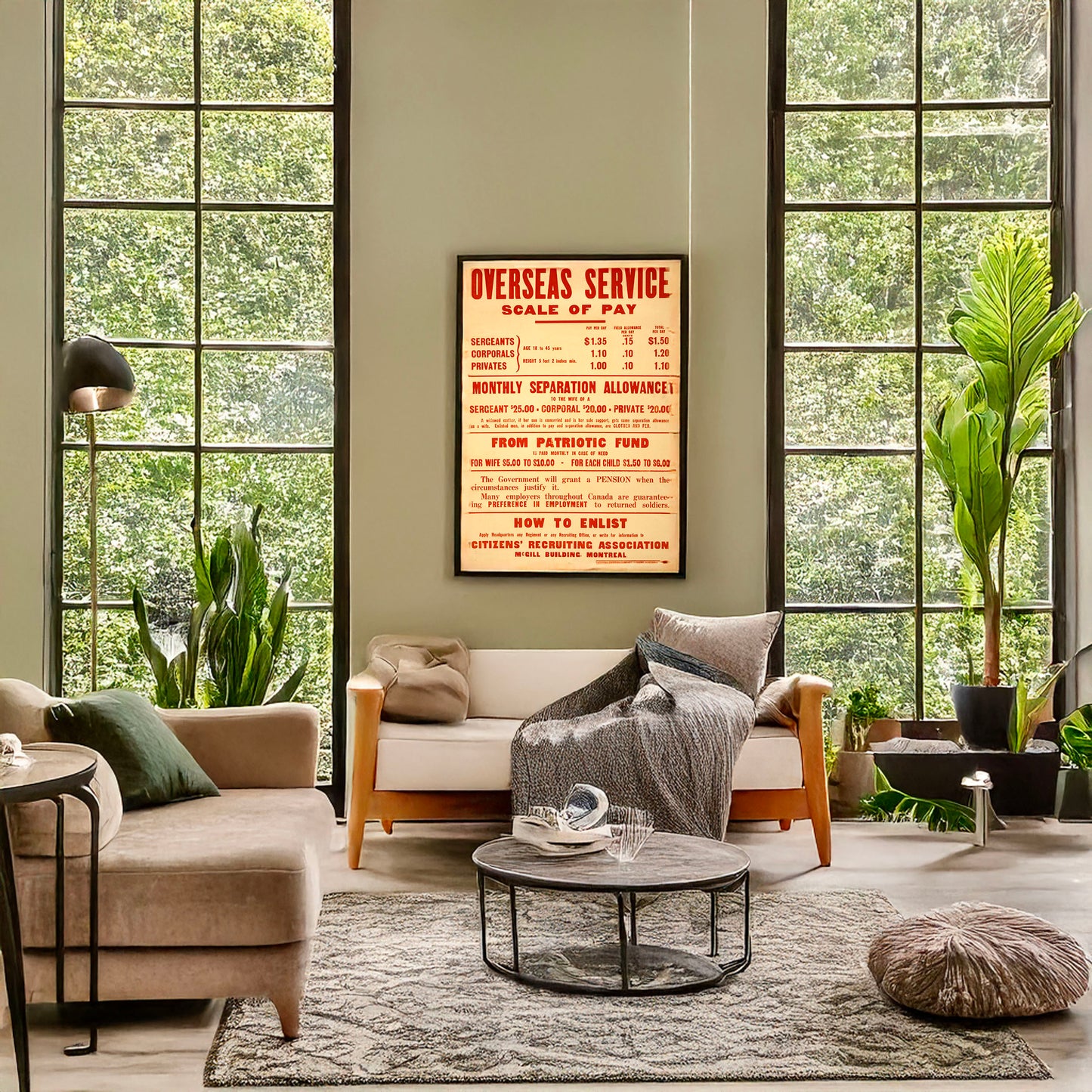 A picture of Overseas service scale of pay and How to enlist, a mockup of the print leaning against a wall