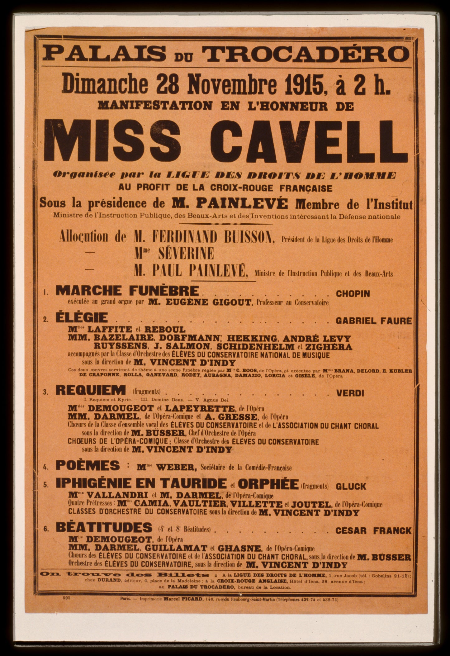 A picture of Palais du Trocadéro . . . Manifestation en l'honneur de Miss Cavell. Organisée par la Lique des Droits de l'Homme au profit de la Croix-Rouge française