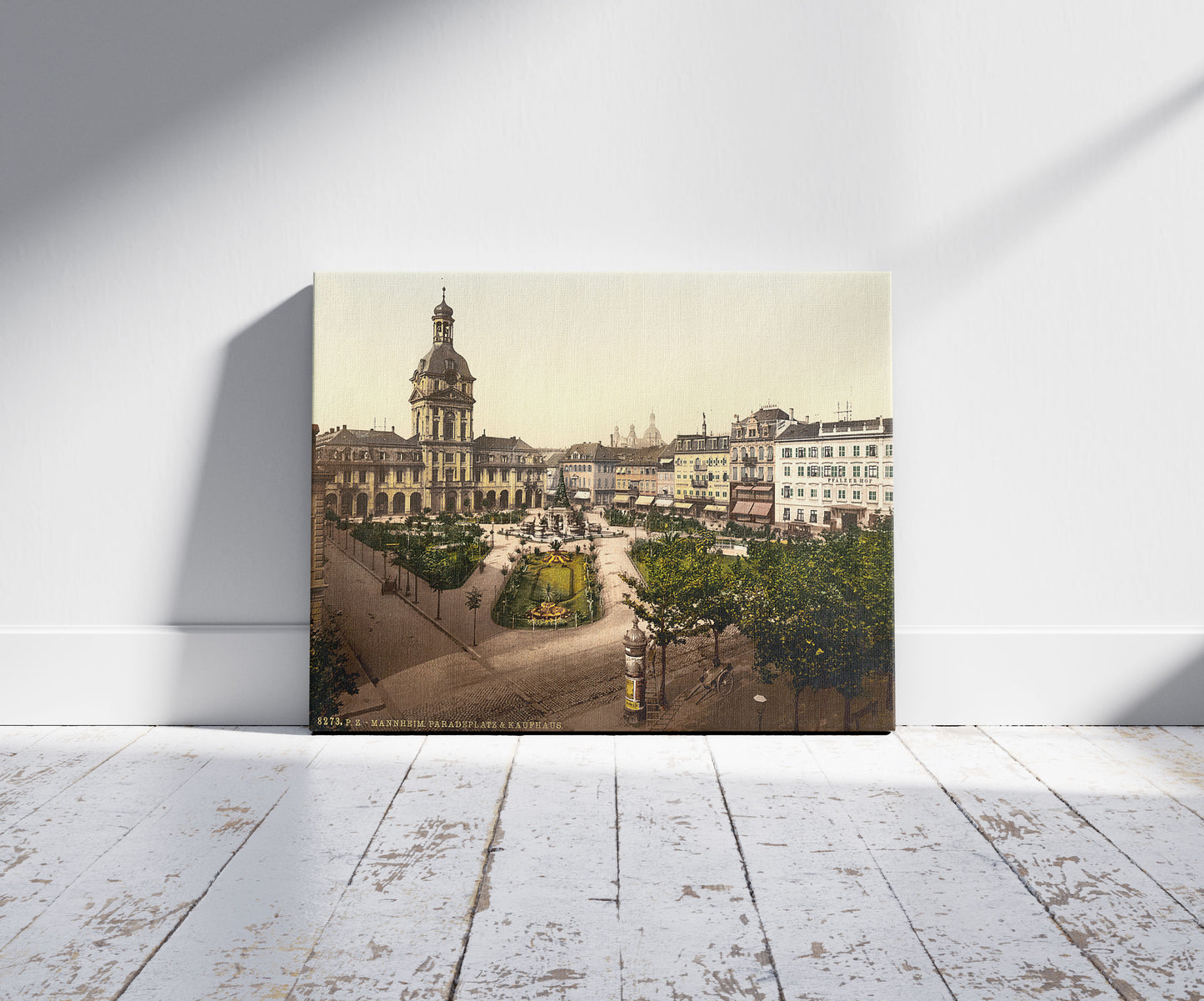 A picture of Parade Place and Kaufhaus, Karlsruhe, Baden, Germany, a mockup of the print leaning against a wall