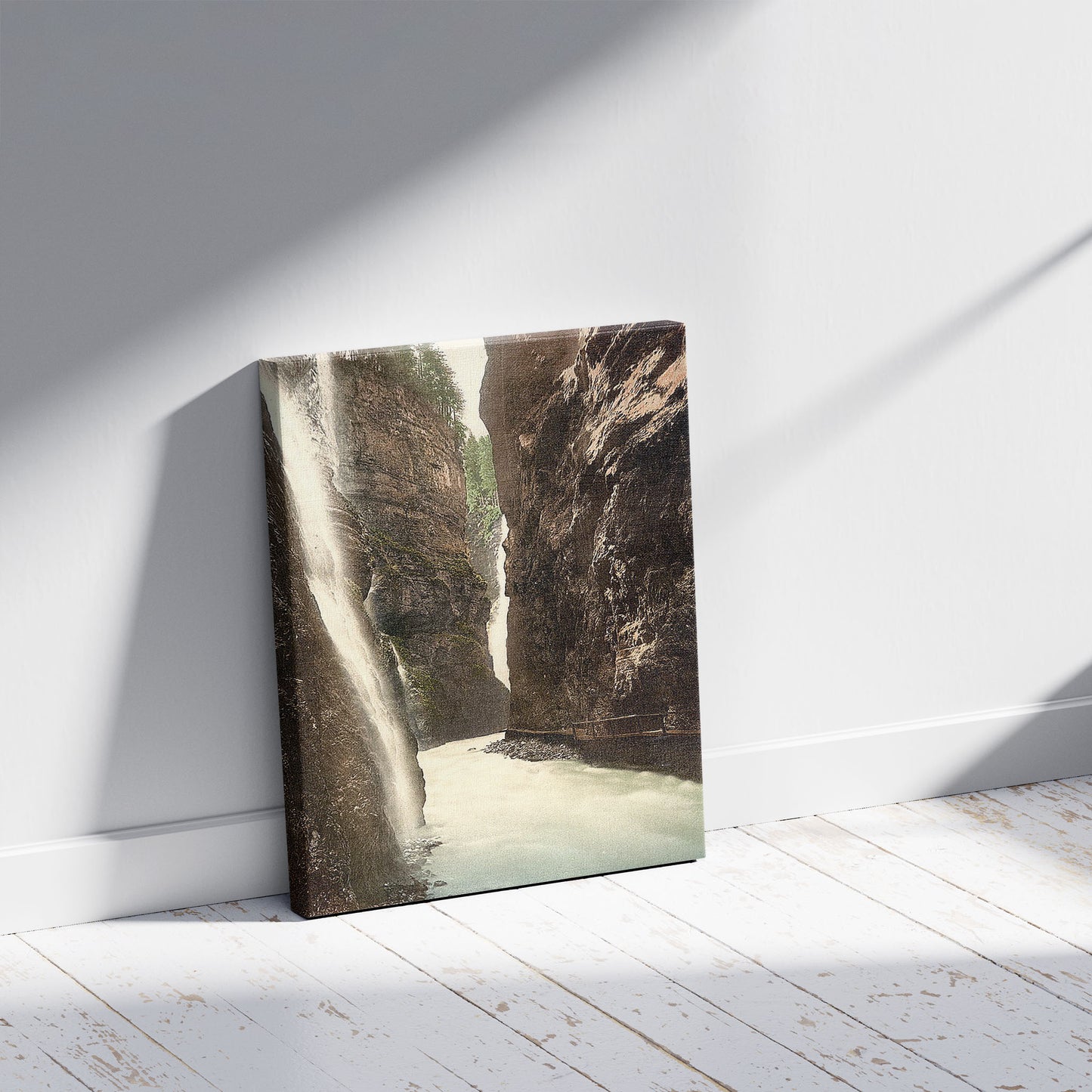 A picture of Partnachklamm, general view, Upper Bavaria, Germany, a mockup of the print leaning against a wall