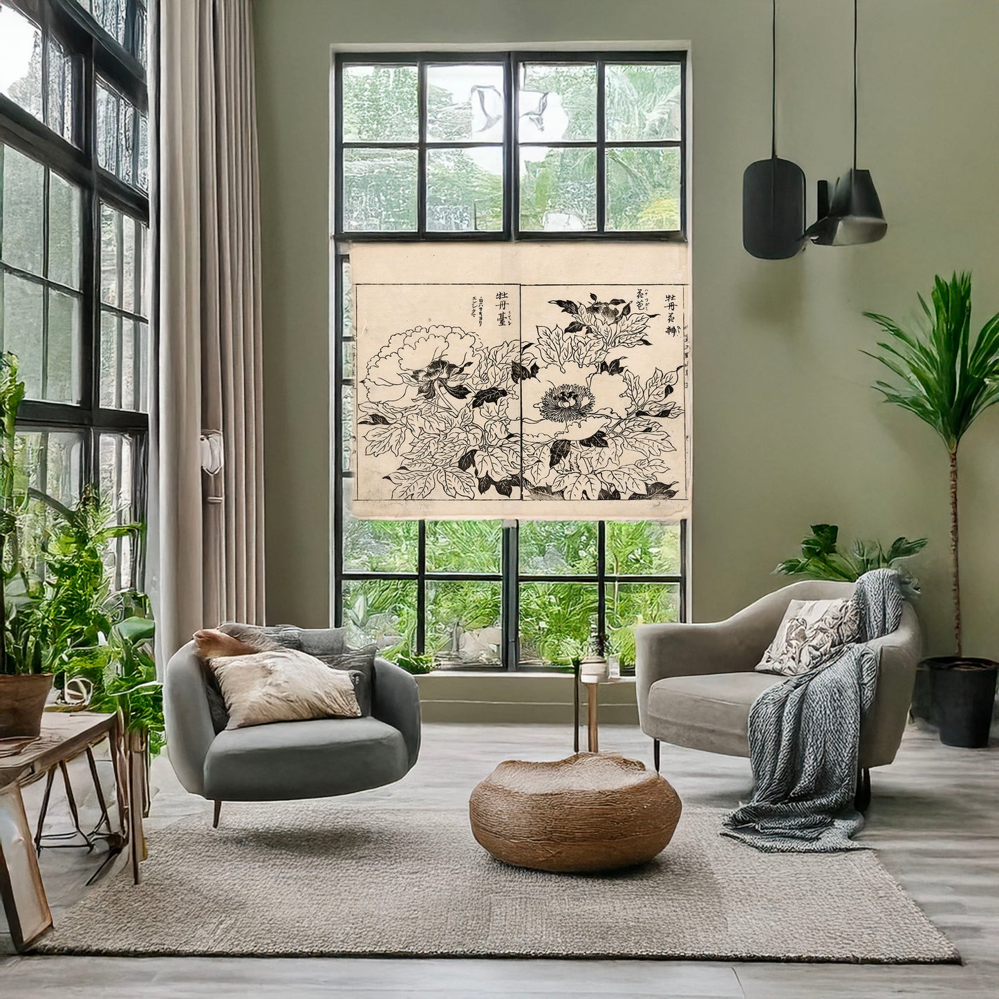 A picture of Peony blossoms, a mockup of the print leaning against a wall
