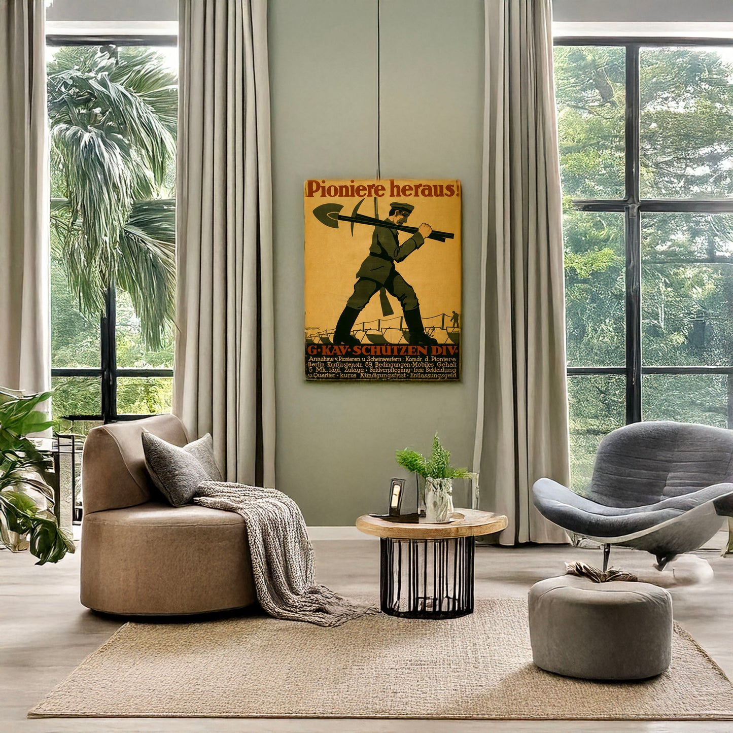 A picture of Pioniere heraus! G.Kav.Schützen Div., a mockup of the print leaning against a wall