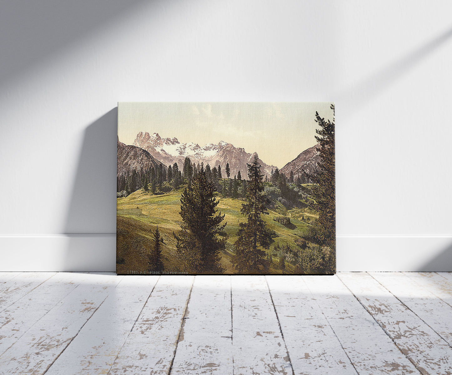 A picture of Platzweisen, Tyrol, Austro-Hungary, a mockup of the print leaning against a wall