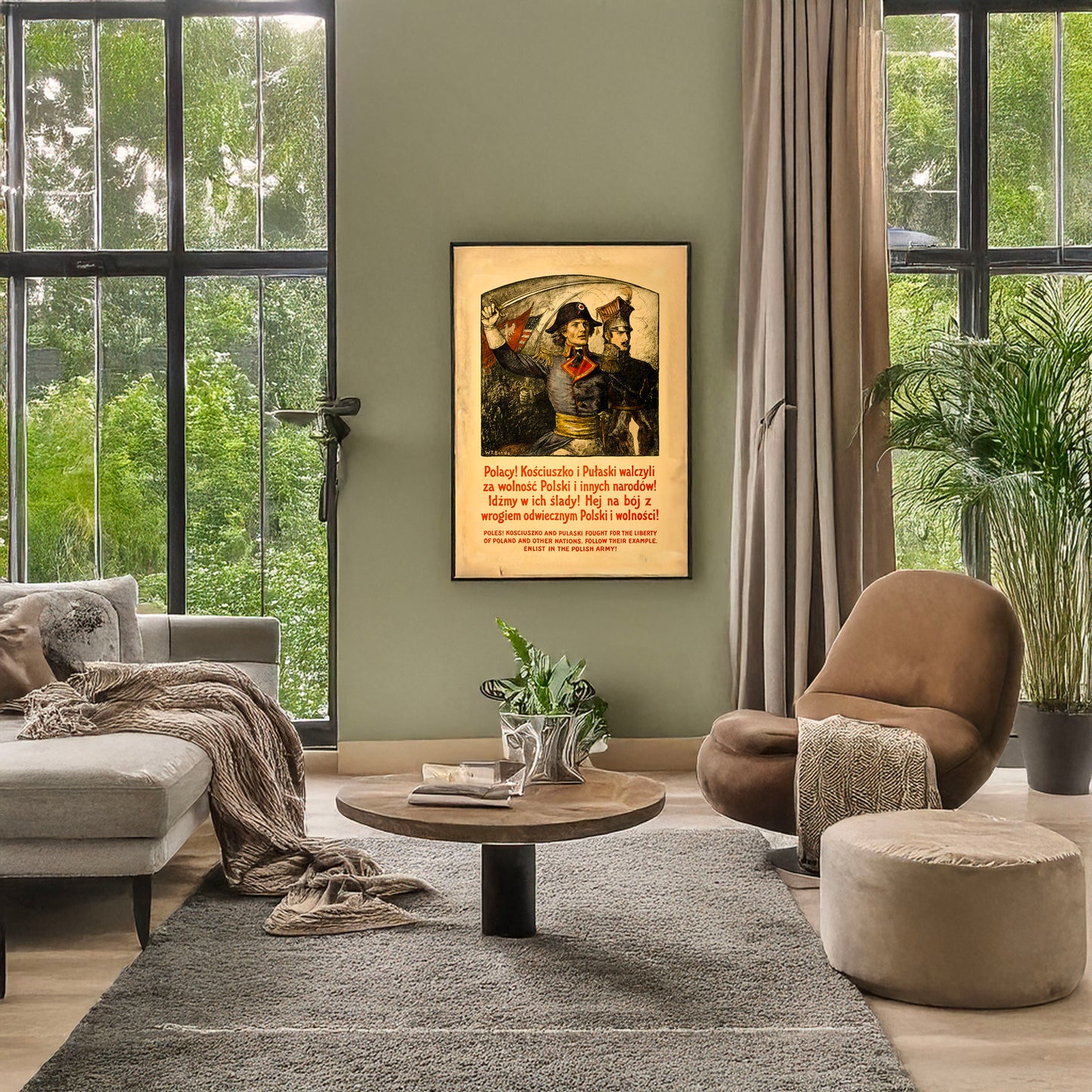 A picture of Poles! Kosciuszko and Pulaski fought for the liberty of Poland and other nations--Follow their example--Enlist in the Polish Army!, a mockup of the print leaning against a wall