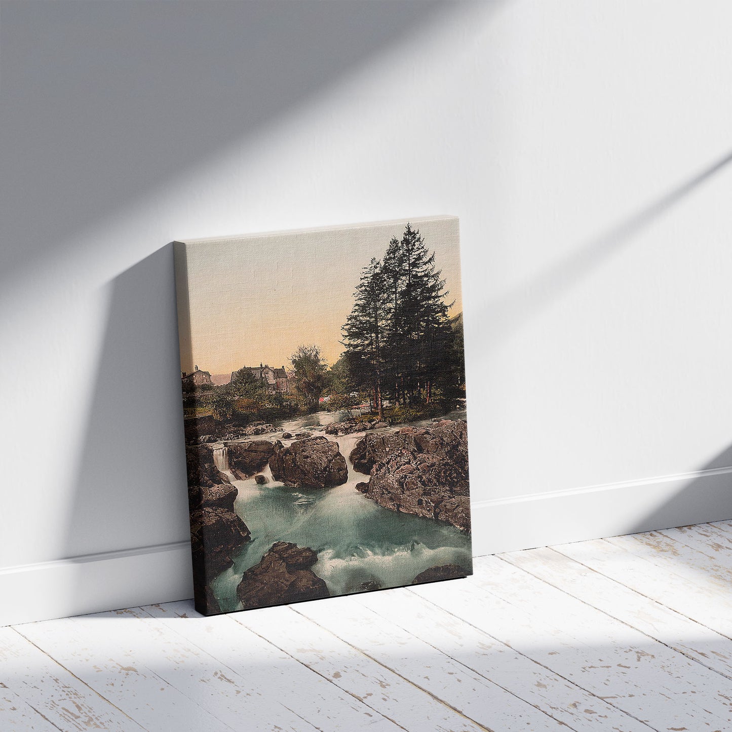 A picture of Pont-y-Pair II, Bettws-y-Coed (i.e. Betws), Wales, a mockup of the print leaning against a wall