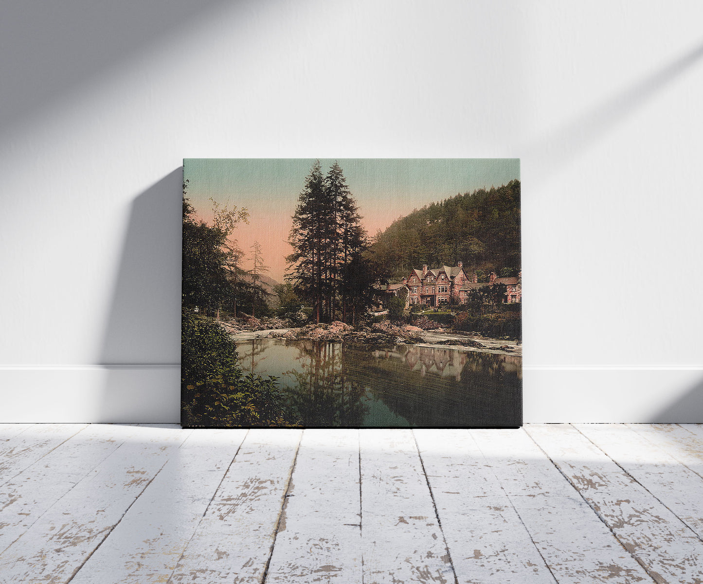 A picture of Pont-y-Pair IV, Bettws-y-Coed (i.e. Betws), Wales, a mockup of the print leaning against a wall