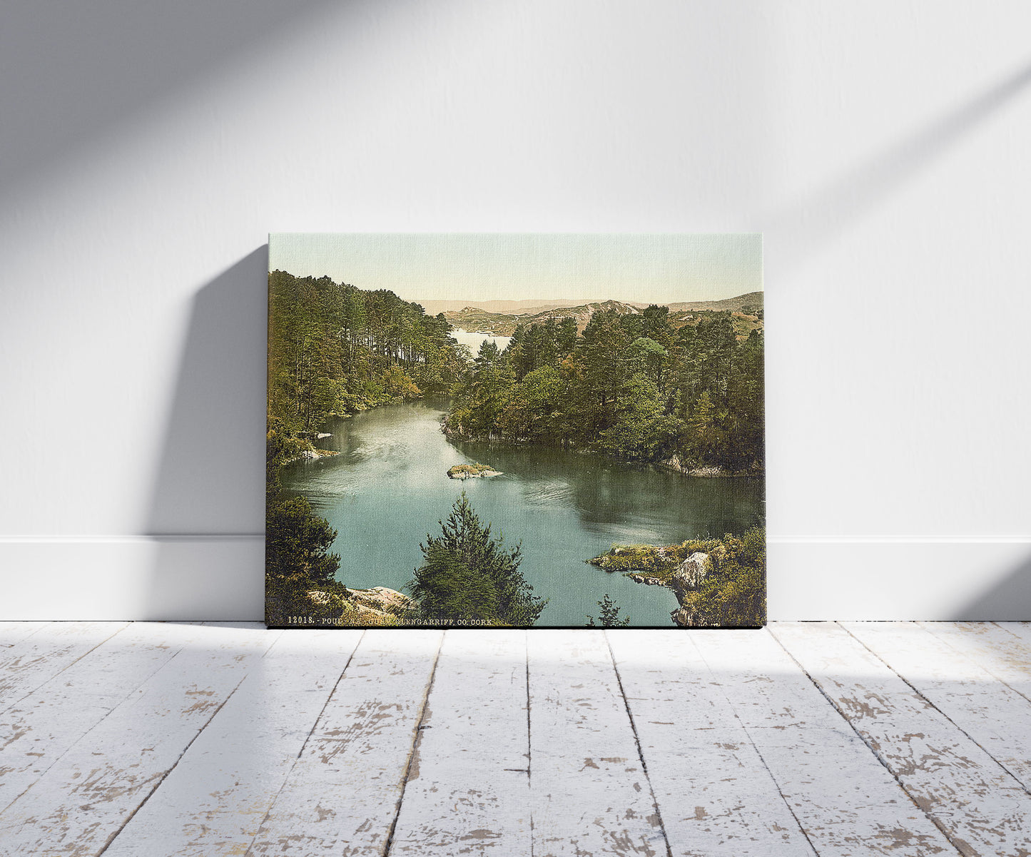 A picture of Poul na Gurn, Glengariff Harbor. County Cork, Ireland, a mockup of the print leaning against a wall