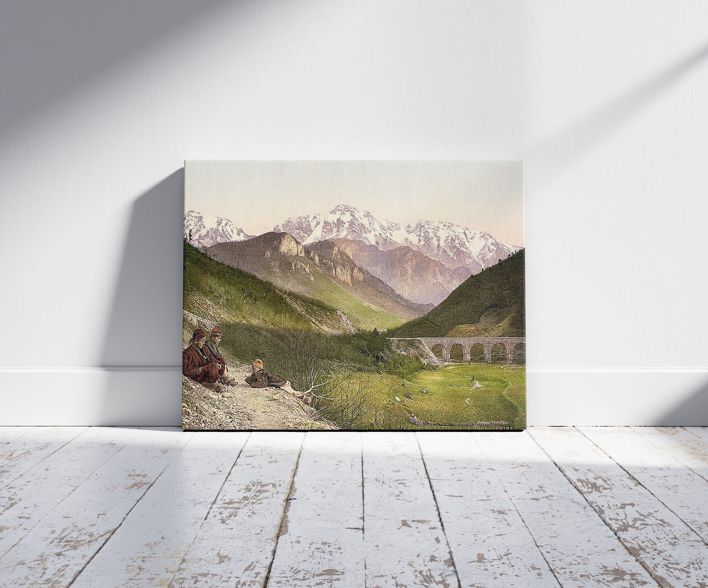 A picture of Prenjalpe, between Mostar and Sarajewo, Herzegowina, Austro-Hungary, a mockup of the print leaning against a wall