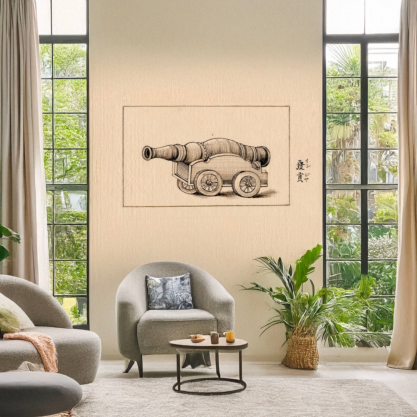 A picture of Profile view of a cannon, a mockup of the print leaning against a wall