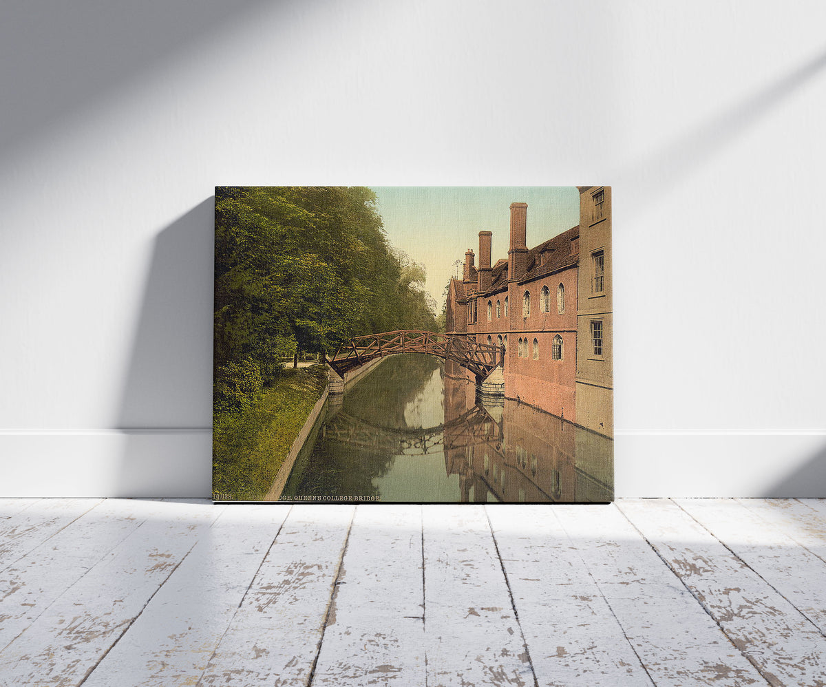 A picture of Queen's College Bridge, Cambridge, England, a mockup of the print leaning against a wall