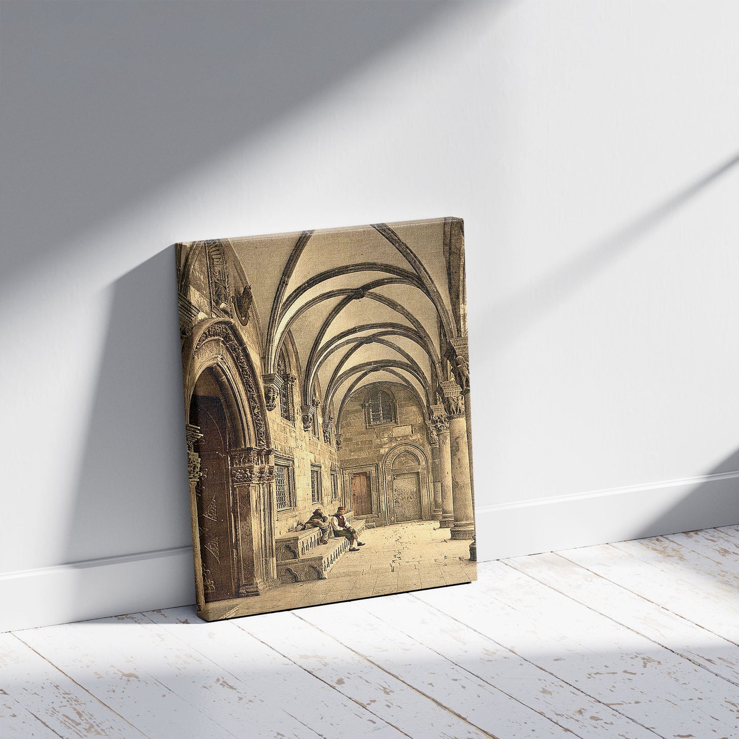 A picture of Ragusa, the Rettori Palace portico, Dalmatia, Austro-Hungary, a mockup of the print leaning against a wall