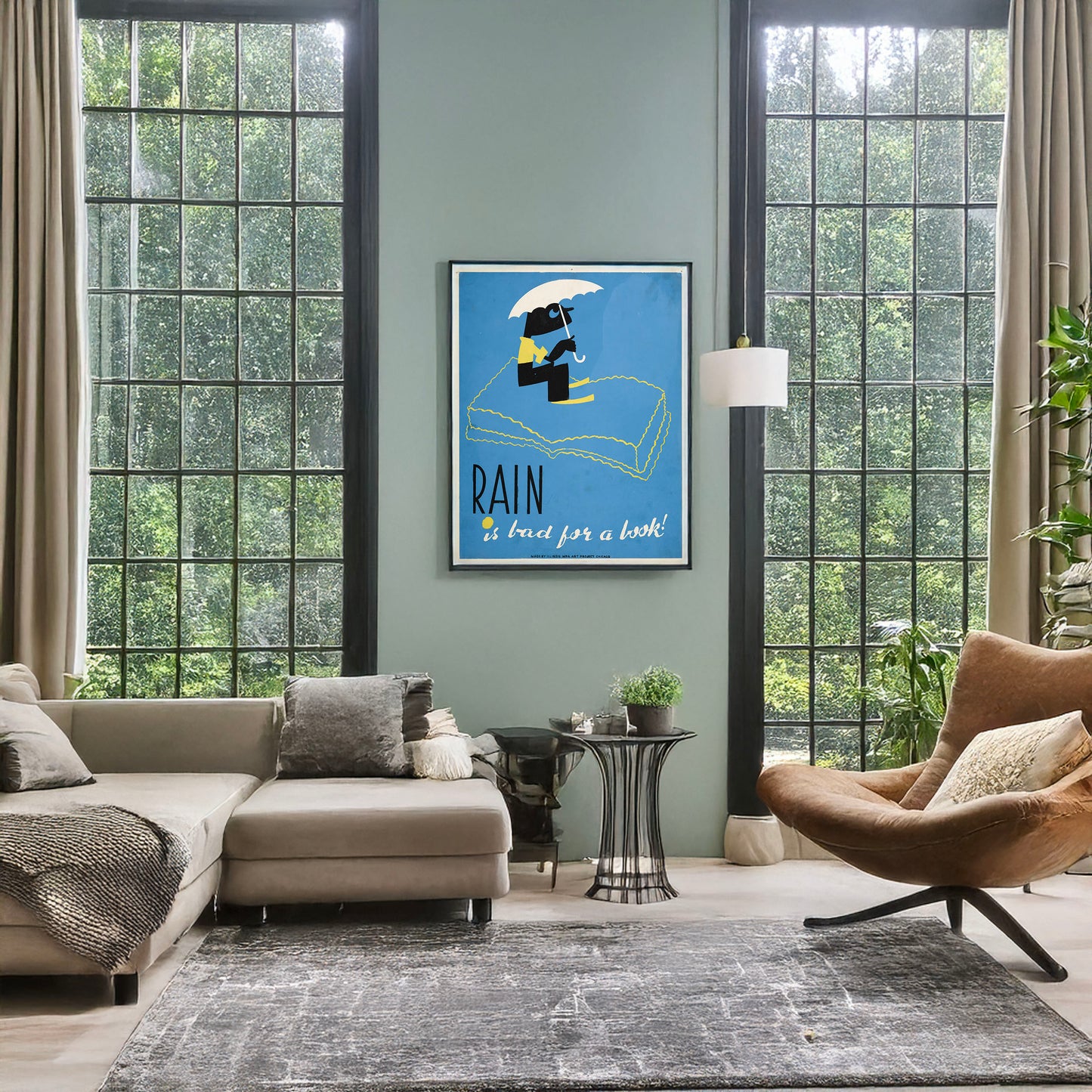 A picture of Rain is bad for a book!, a mockup of the print leaning against a wall