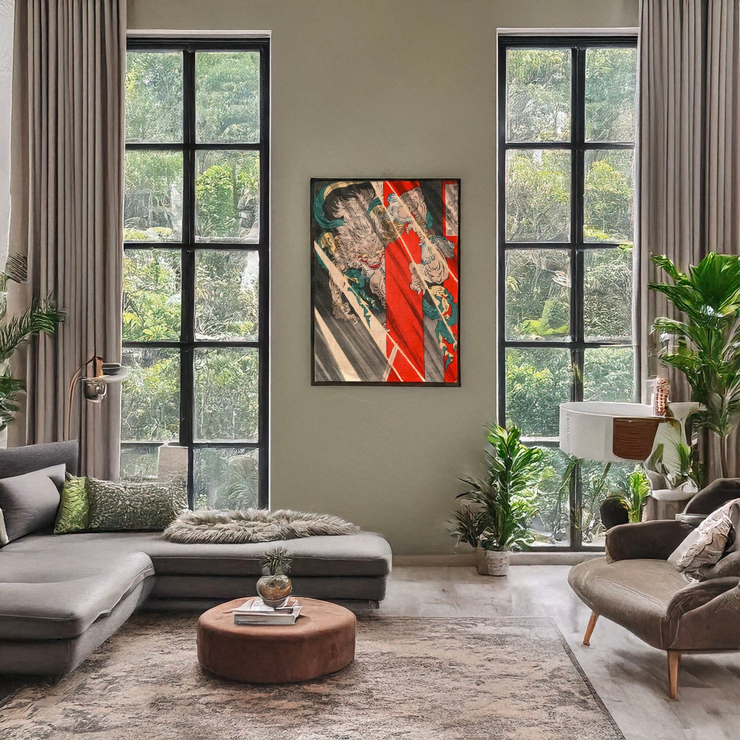 A picture of Rajōmon watanabe no tsuna oni ude kiru no zu, a mockup of the print leaning against a wall