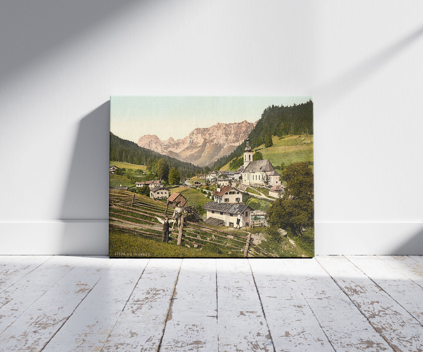 A picture of Ramsau, general view, Upper Bavaria, Germany, a mockup of the print leaning against a wall