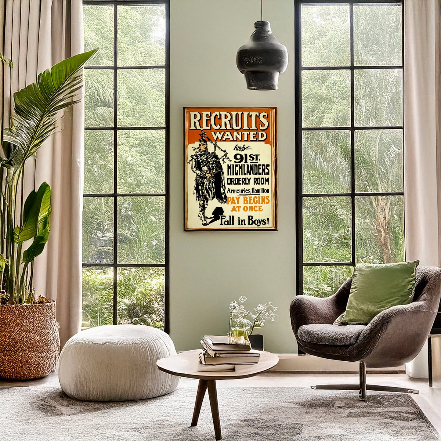 A picture of Recruits wanted ... fall in boys!, a mockup of the print leaning against a wall