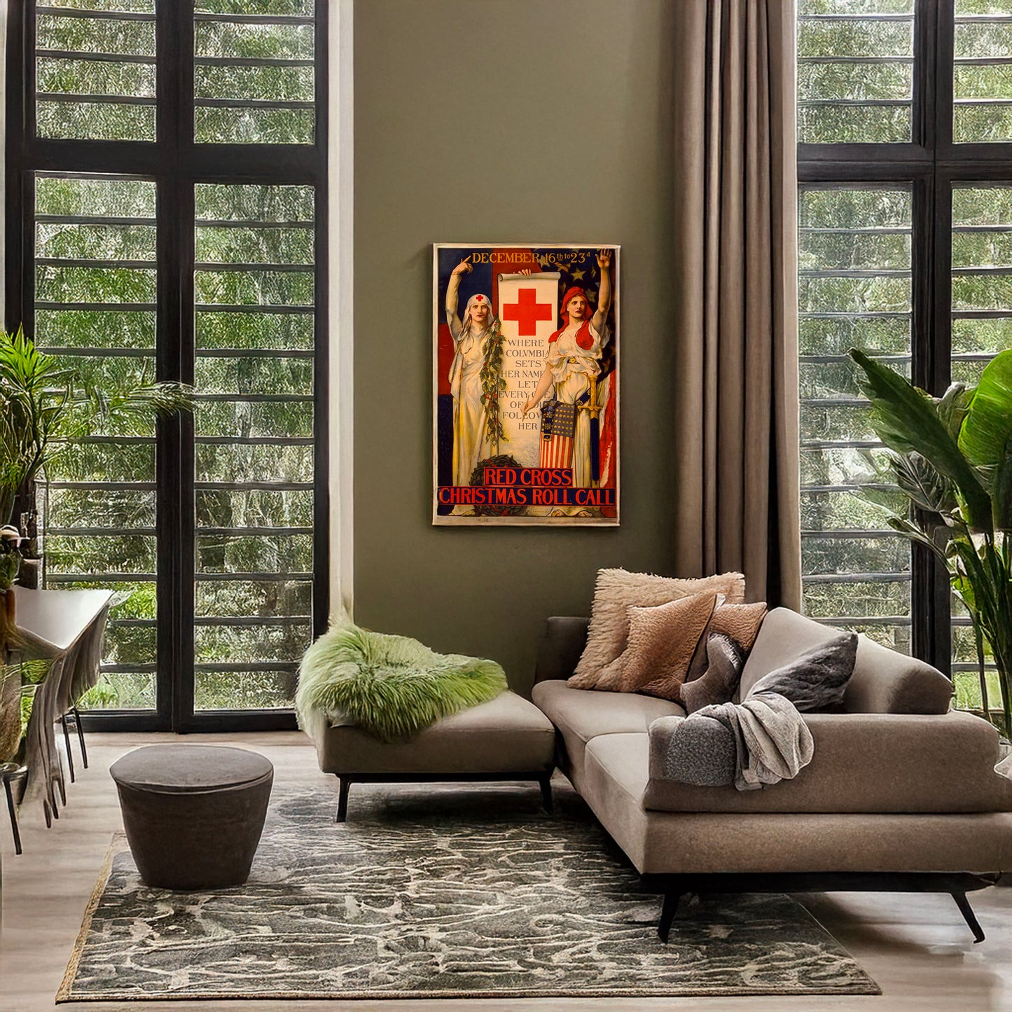 A picture of Red Cross Christmas roll call December 16th to 23rd /, a mockup of the print leaning against a wall