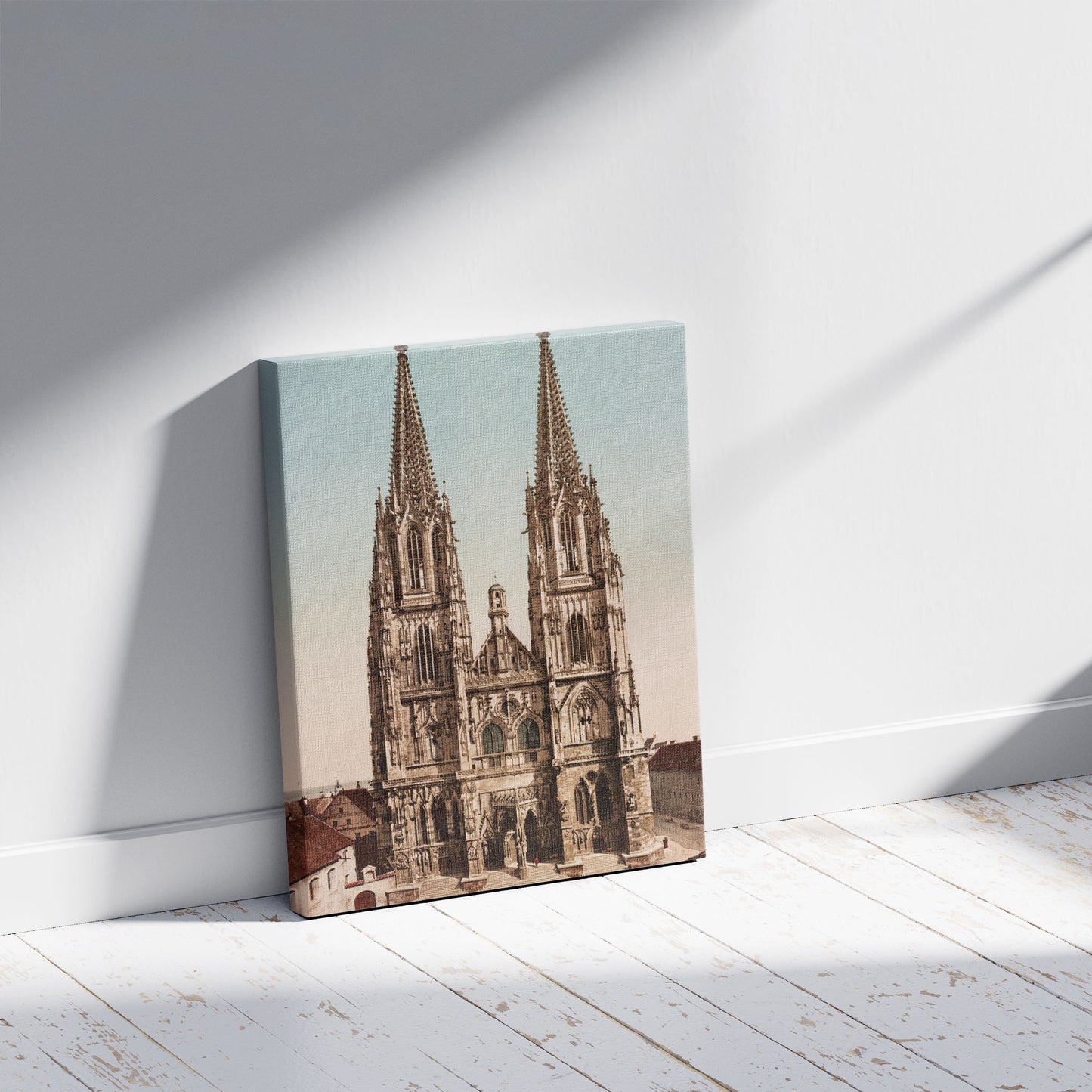A picture of Regensburg. Der Dom, a mockup of the print leaning against a wall