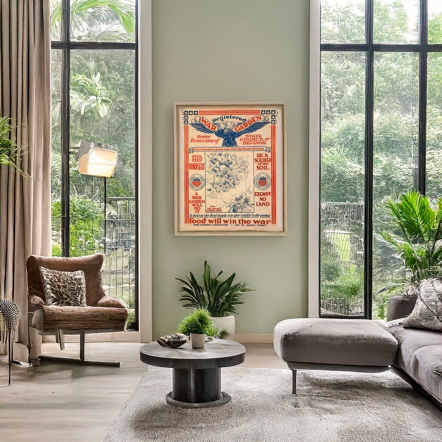 A picture of Registered War Garden under protection of State Council of Defense, a mockup of the print leaning against a wall