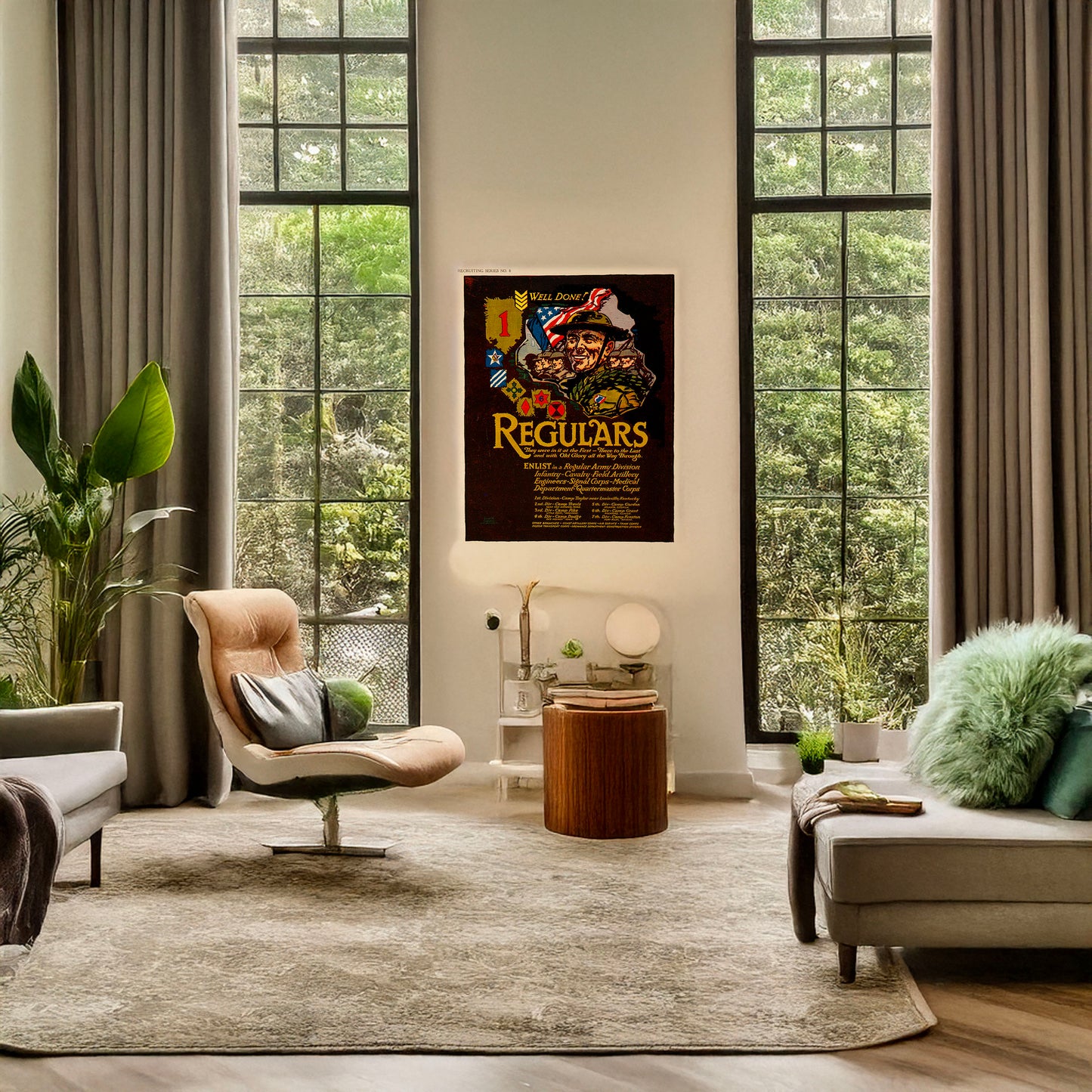 A picture of Regulars - They were in it at the first - There to the last, and with Old Glory all the way through, a mockup of the print leaning against a wall