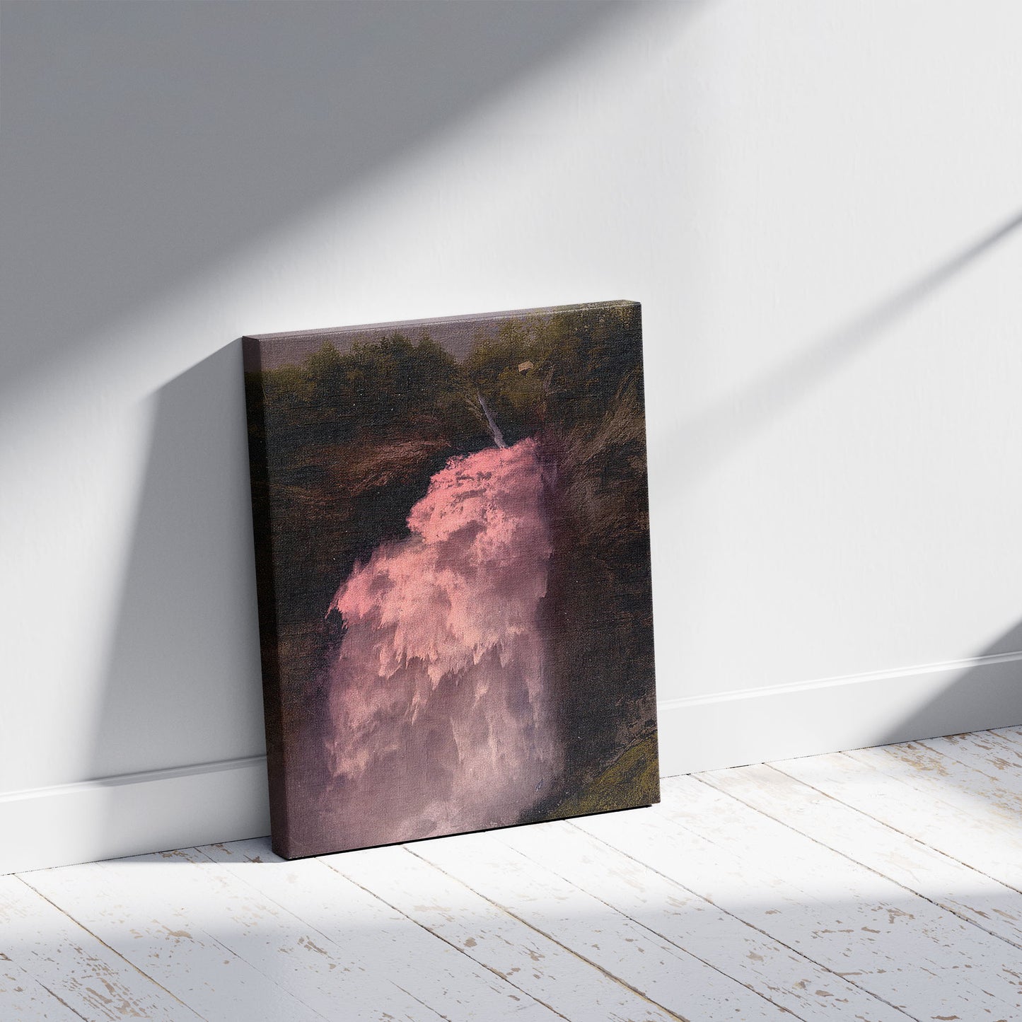 A picture of Reichenbach, the Upper Falls, lighted by Bengal lights, Bernese Oberland, Switzerland, a mockup of the print leaning against a wall