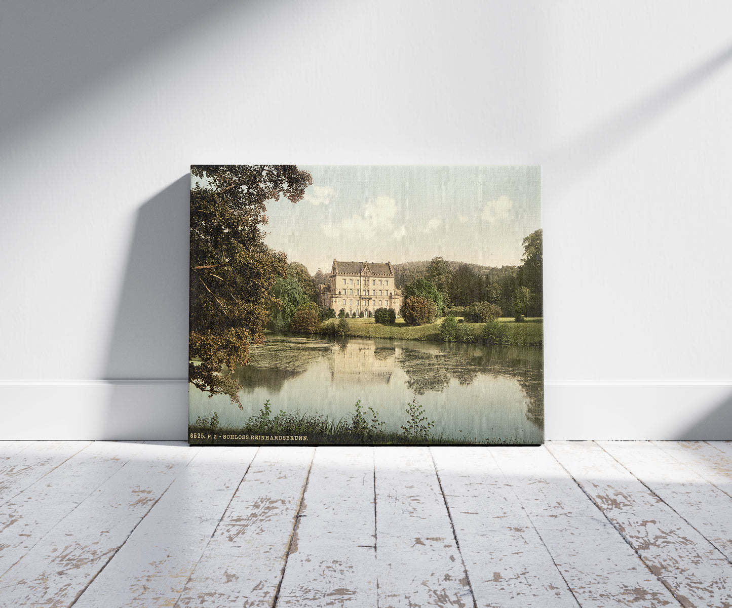 A picture of Reinhardsbrunn Castle, Friedrichrhoda, Thuringia, Germany, a mockup of the print leaning against a wall