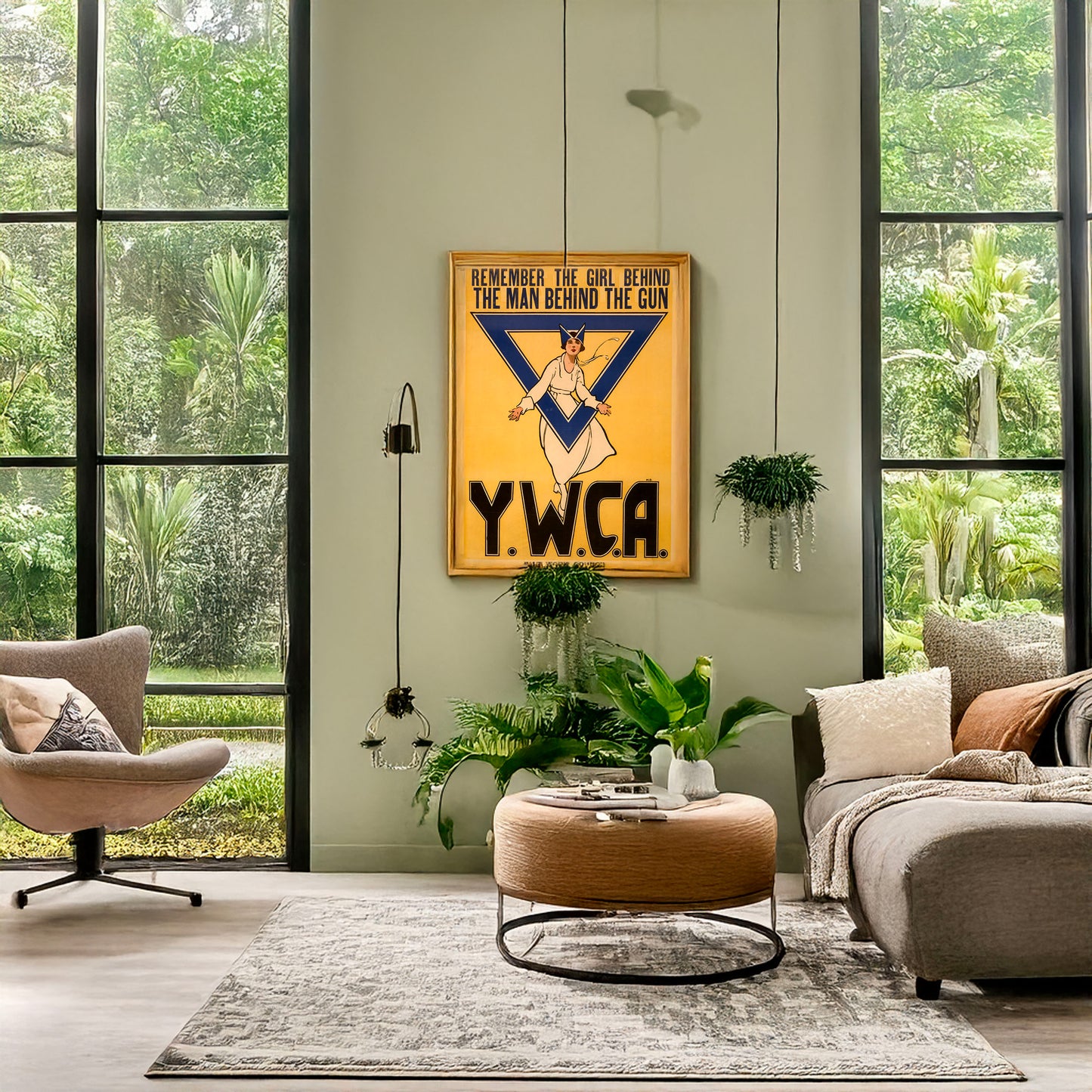 A picture of Remember the girl behind the man behind the gun--Y.W.C.A. War Work Council, a mockup of the print leaning against a wall